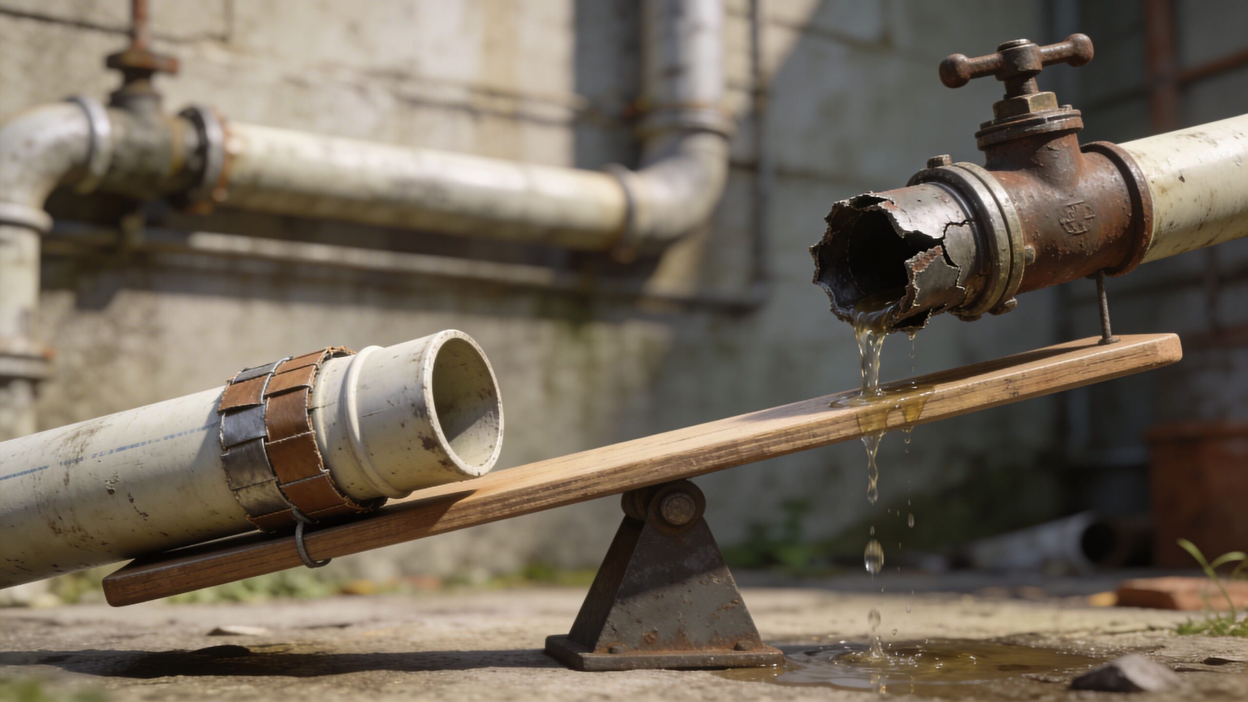 Rustent rør der drypper spildevand ned på en træplanke foran et hvidt afløbsrør udendørs i dagslys.