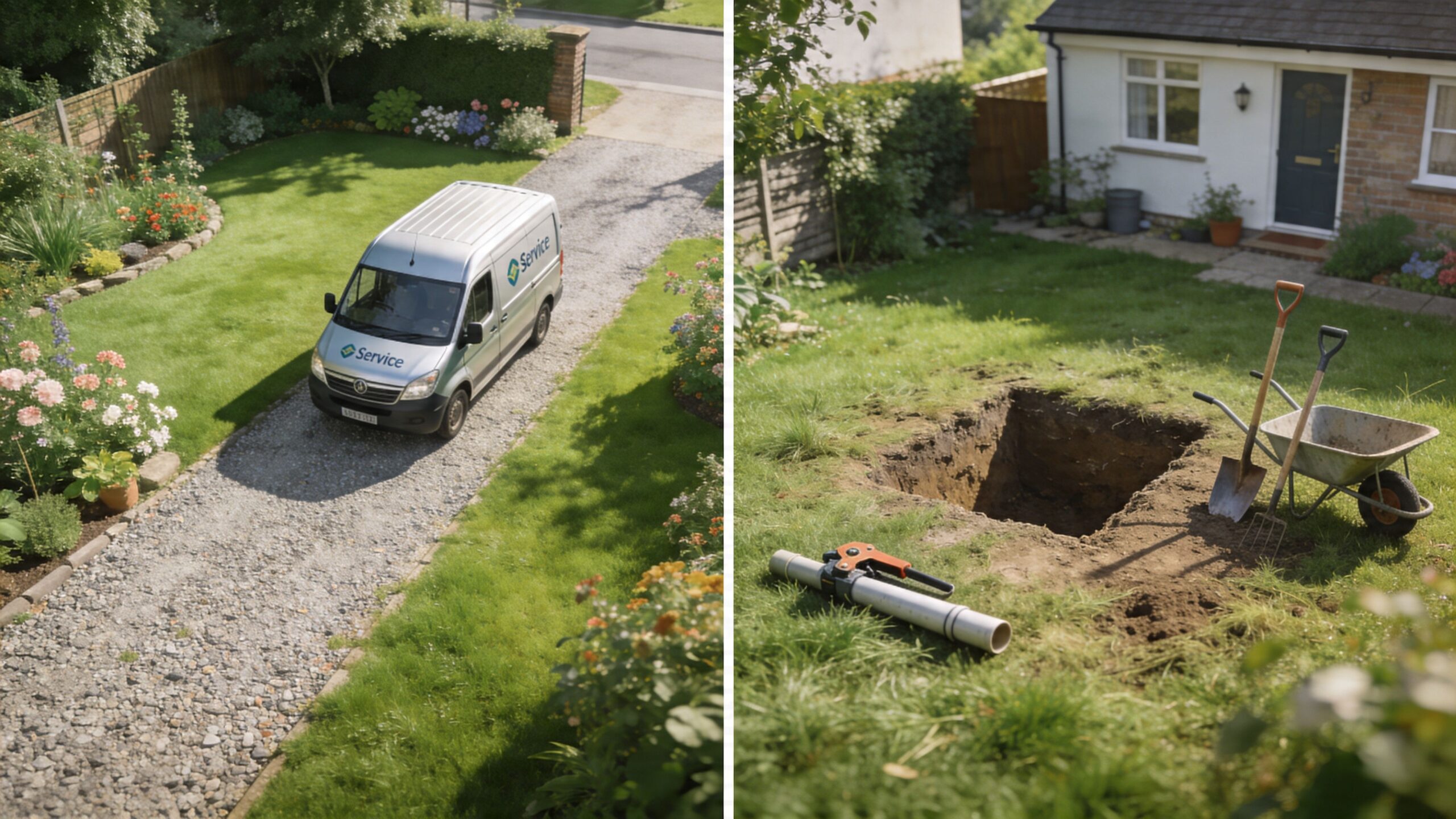 En servicevogn parkeret ved en indkørsel samt et udgravet hul i haven med graveudstyr klar til kloakarbejde.