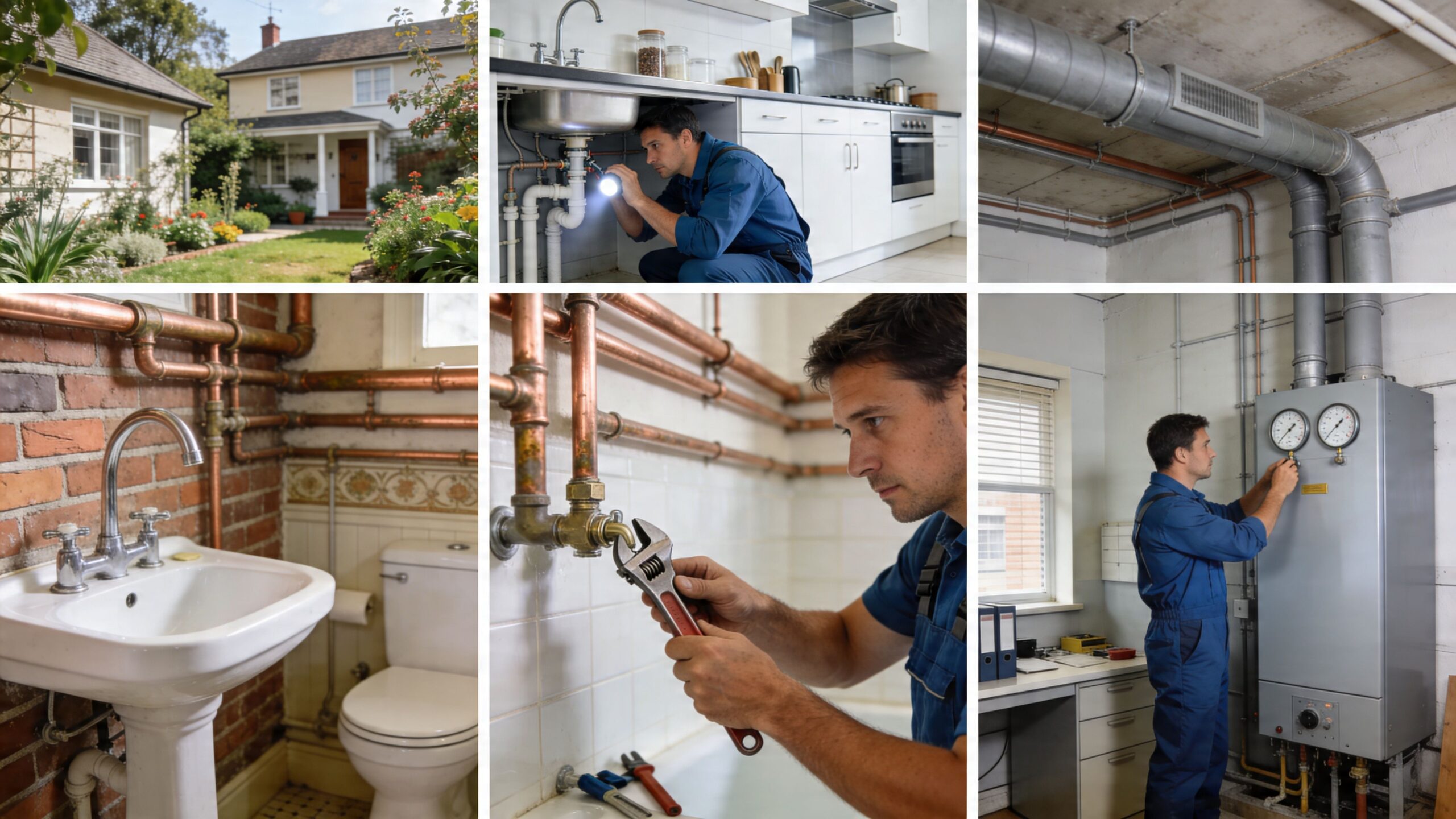 En VVS-installatør arbejder på forskellige rørinstallationer i hjemmet, herunder køkkenvask, badeværelse og varmeanlæg.