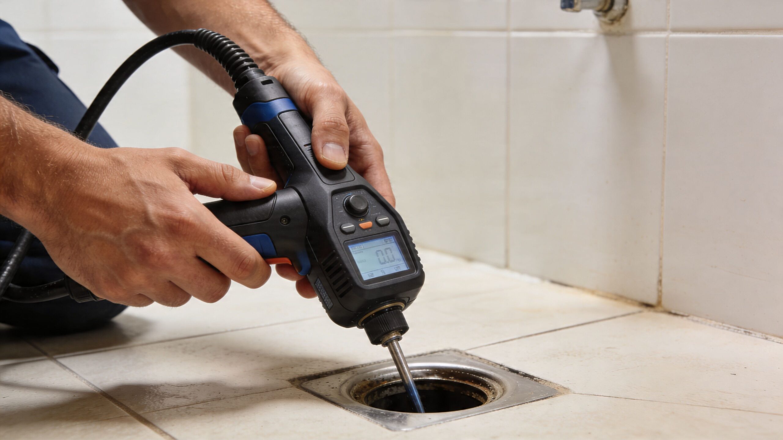 En blikkenslager undersøger et afløb i et badeværelsesgulv ved hjælp af et specialiseret inspektionskamera til kloakrør.