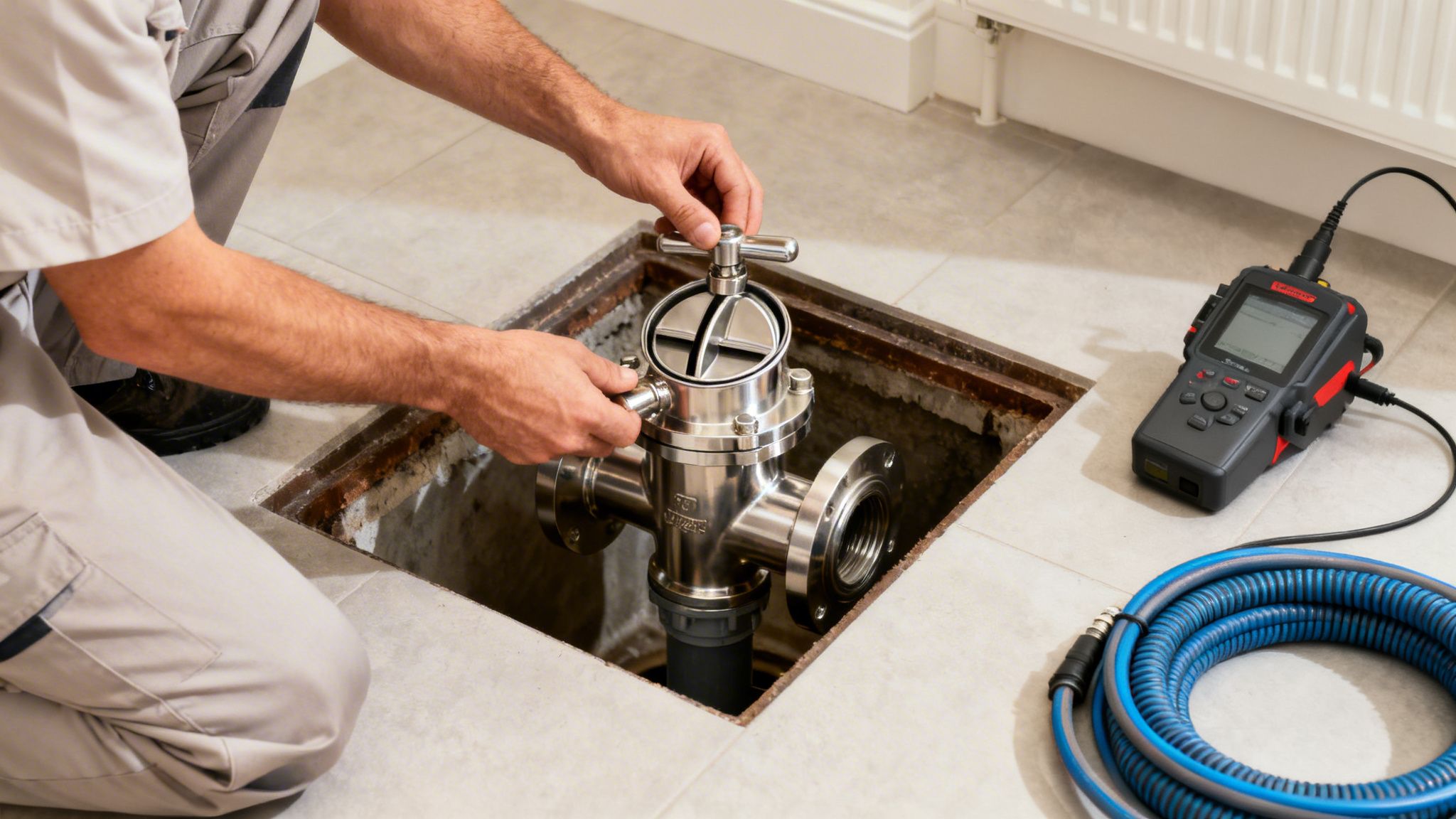 En VVS-tekniker installerer en rottespærre i et gulvafløb, med udstyr til inspektion ved siden af.