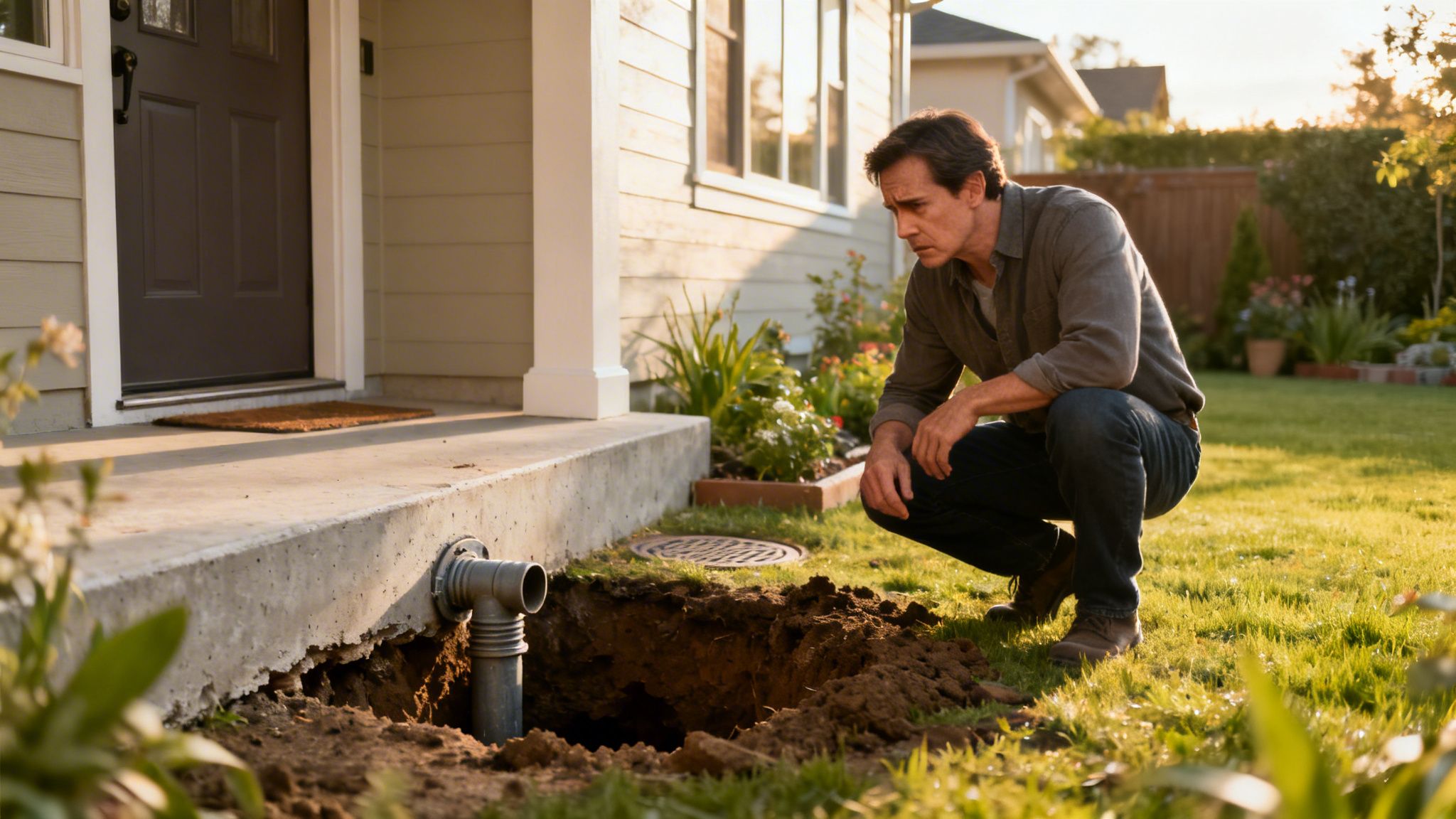 En mand på hug kigger ned i et udgravet hul med et rør ved et husfundament, måske en rottespærre.