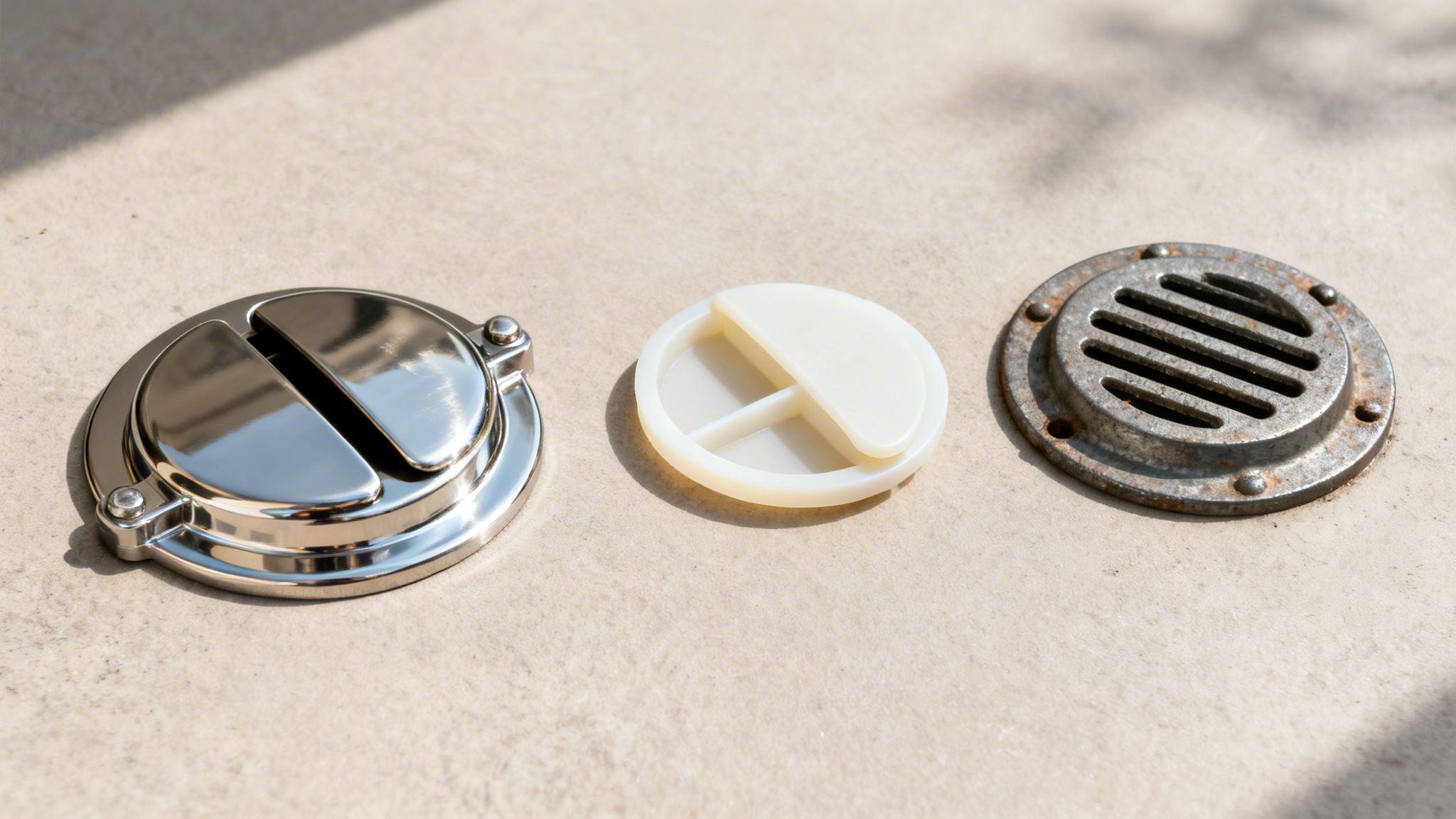 Tre forskellige rottespærrer/kloakdæksler: skinnende metal, hvid plast og rustent metalrist.