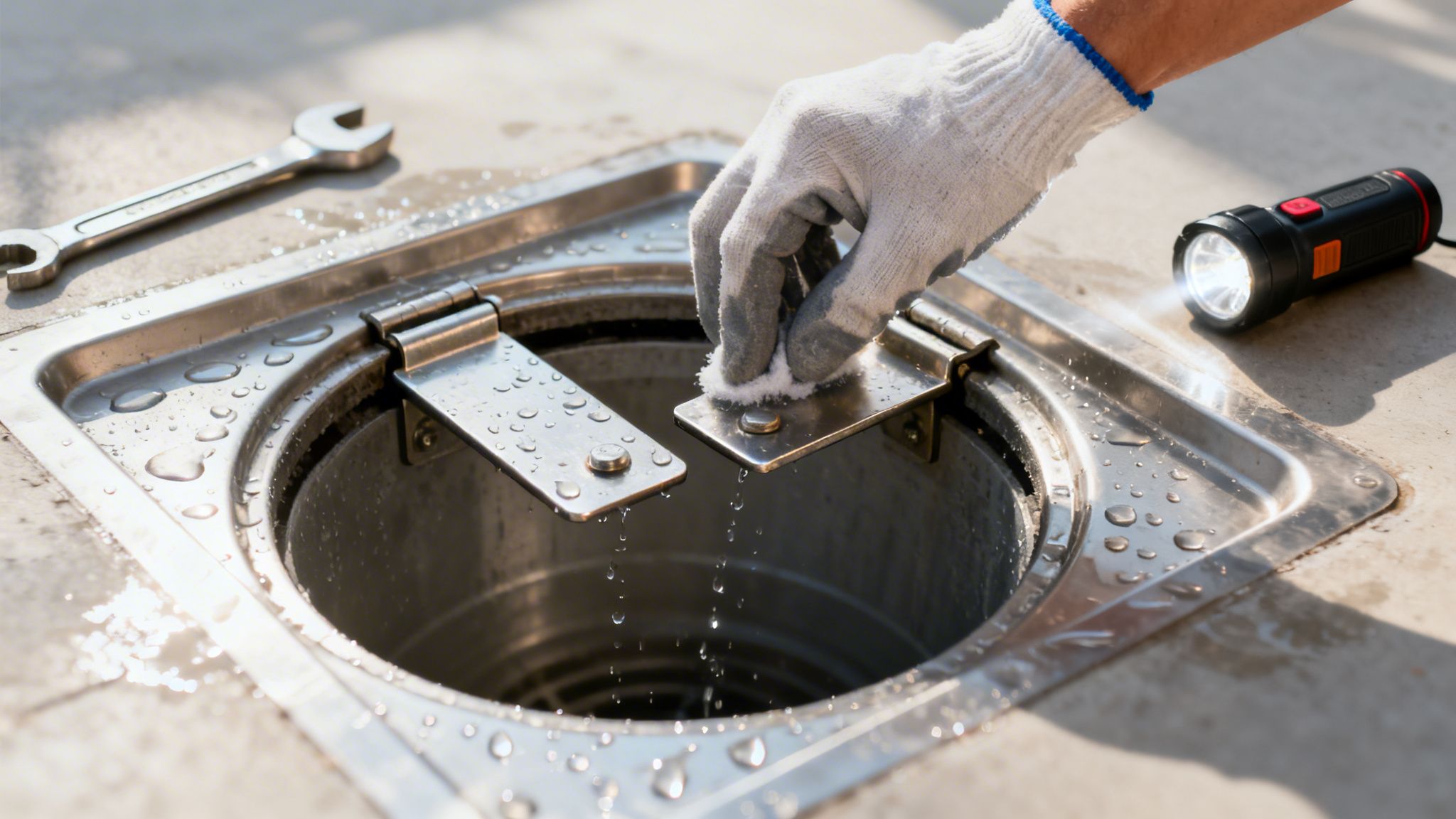 En hånd med handske renser en rottespærre i en kloakåbning med værktøj i nærheden.