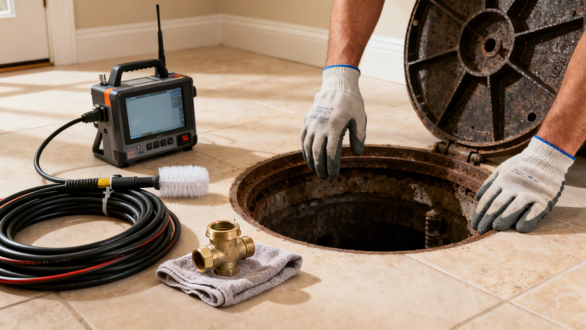 En person med handsker inspicerer et åbent kloakdæksel på et flisegulv, med drænkameraudstyr klar.
