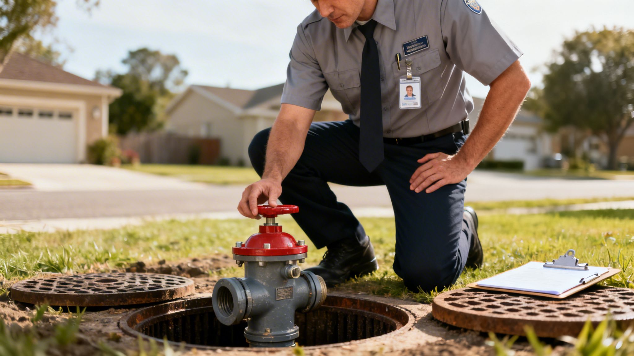 En tekniker i uniform knæler og betjener en ventil i en åben brønd på et fortov.