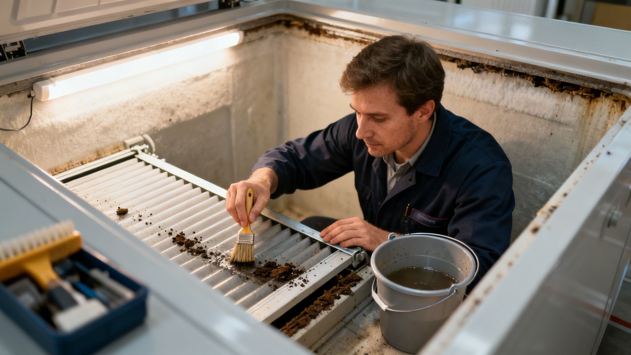 Mand i arbejdstøj renser en stor maskine med en pensel, fjerner snavs og jord.