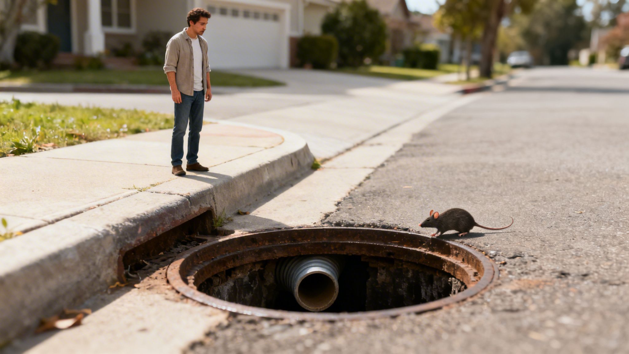 En mand på et fortov betragter en rotte ved et åbent kloakdæksel på en solrig villavej.