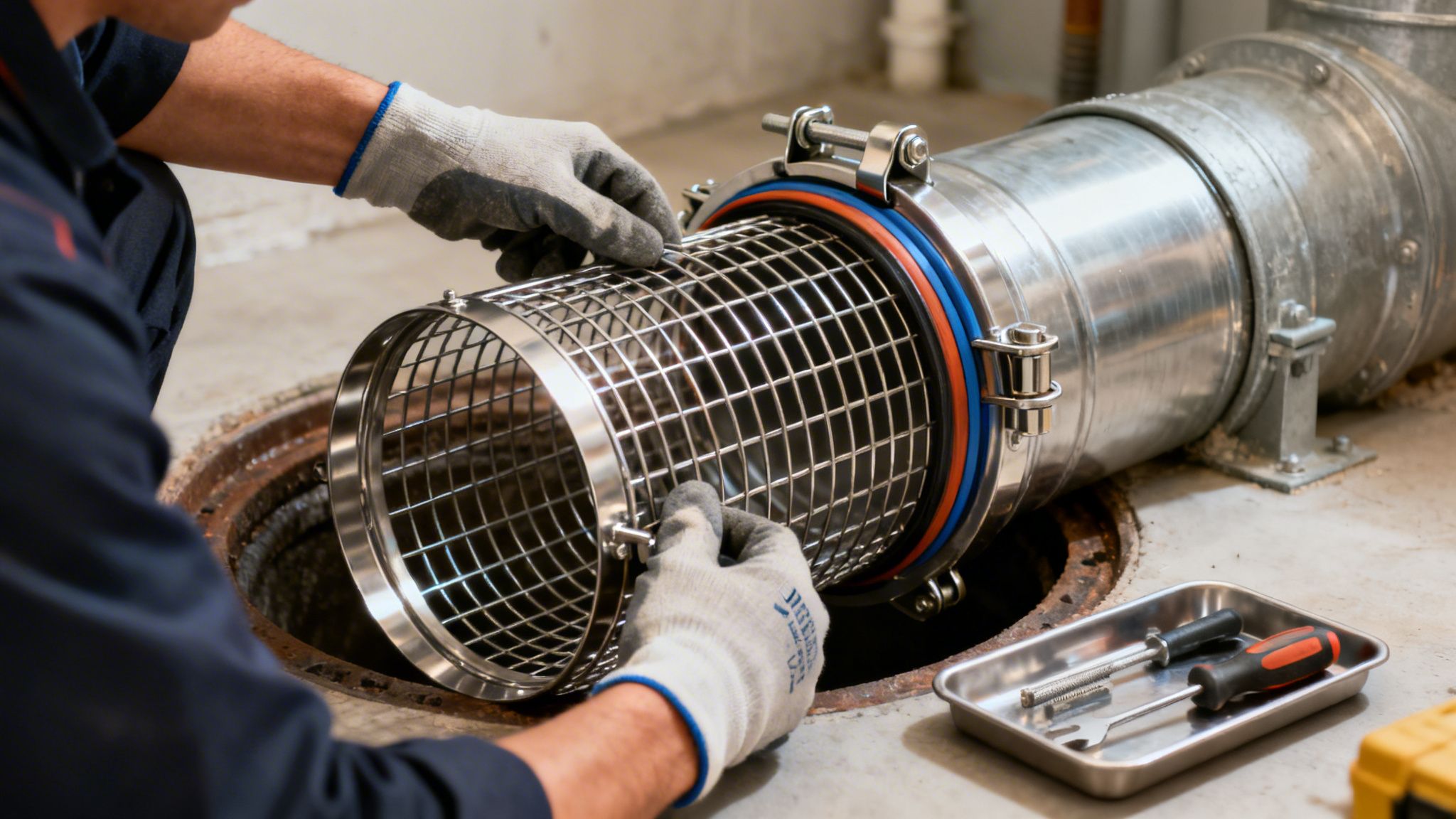 En tekniker iført handsker installerer en metal rottespærre i et afløbssystem med store rør.