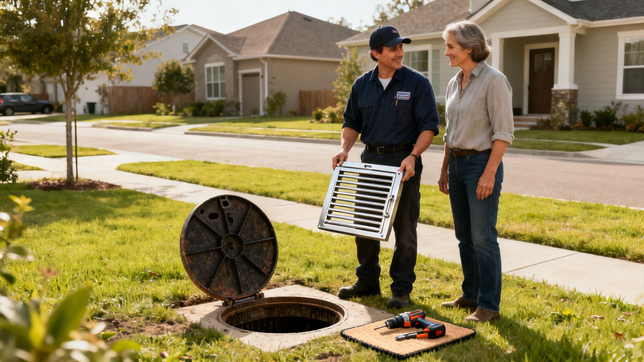 Mandlig tekniker viser en rottespærre til en kvindelig husejer ved en åben kloakbrønd på en villavej.
