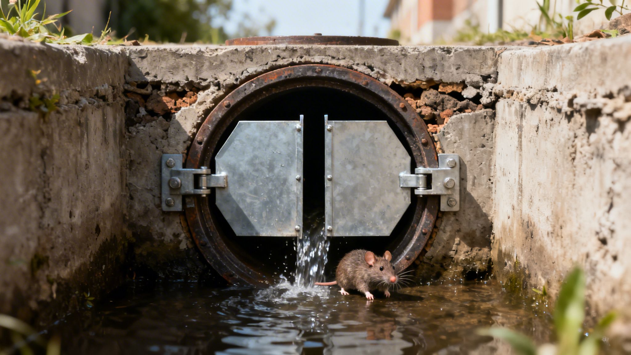 En rotte står i vandet ved en kloakudgang med en rottespærre og vand, der strømmer ud.
