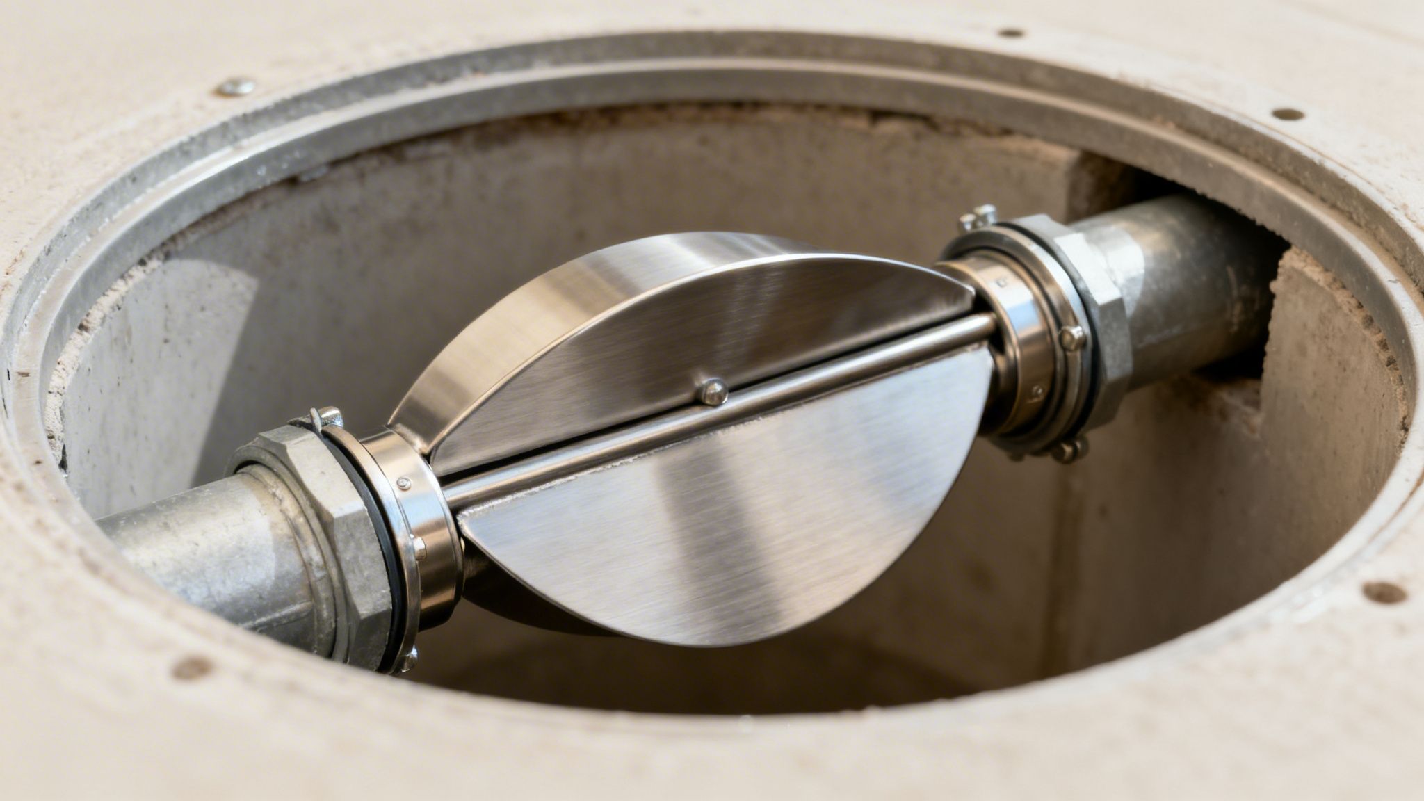 Nærbillede af en rottespærre i rustfrit stål monteret i et kloaksystem.