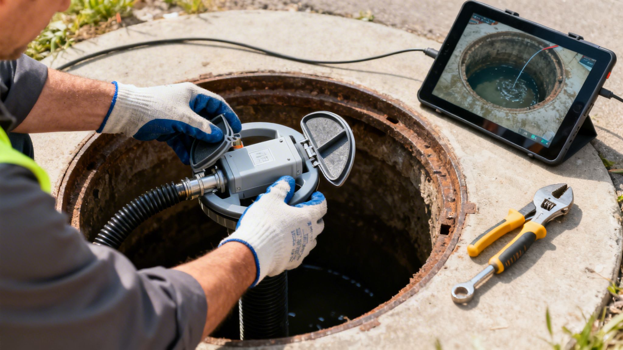 En tekniker inspicerer en kloakbrønd med specialudstyr, mens en tablet viser det indre.