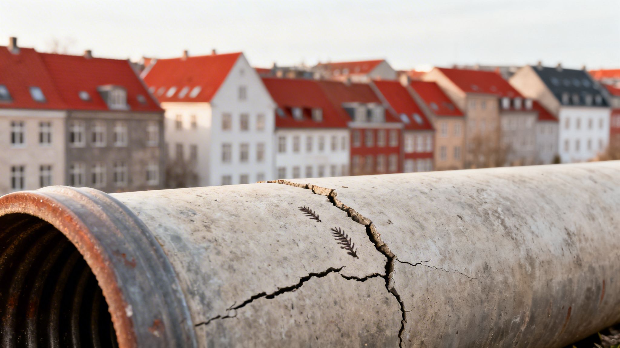 Et revnet rør med bladskygger i forgrunden, med slørede bygninger med røde tage i baggrunden.