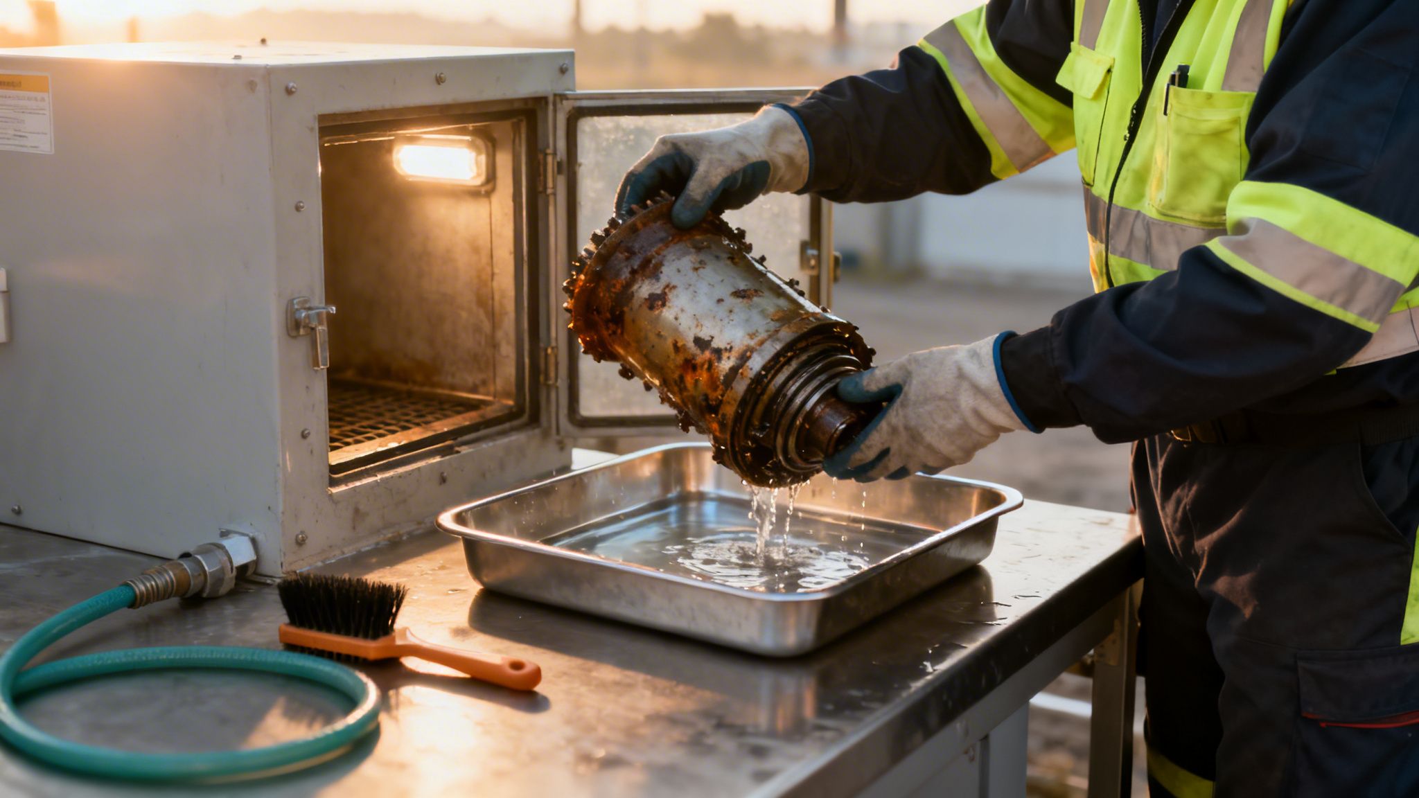 En arbejder i handsker rengør en rusten maskindel over en bakke med vand.