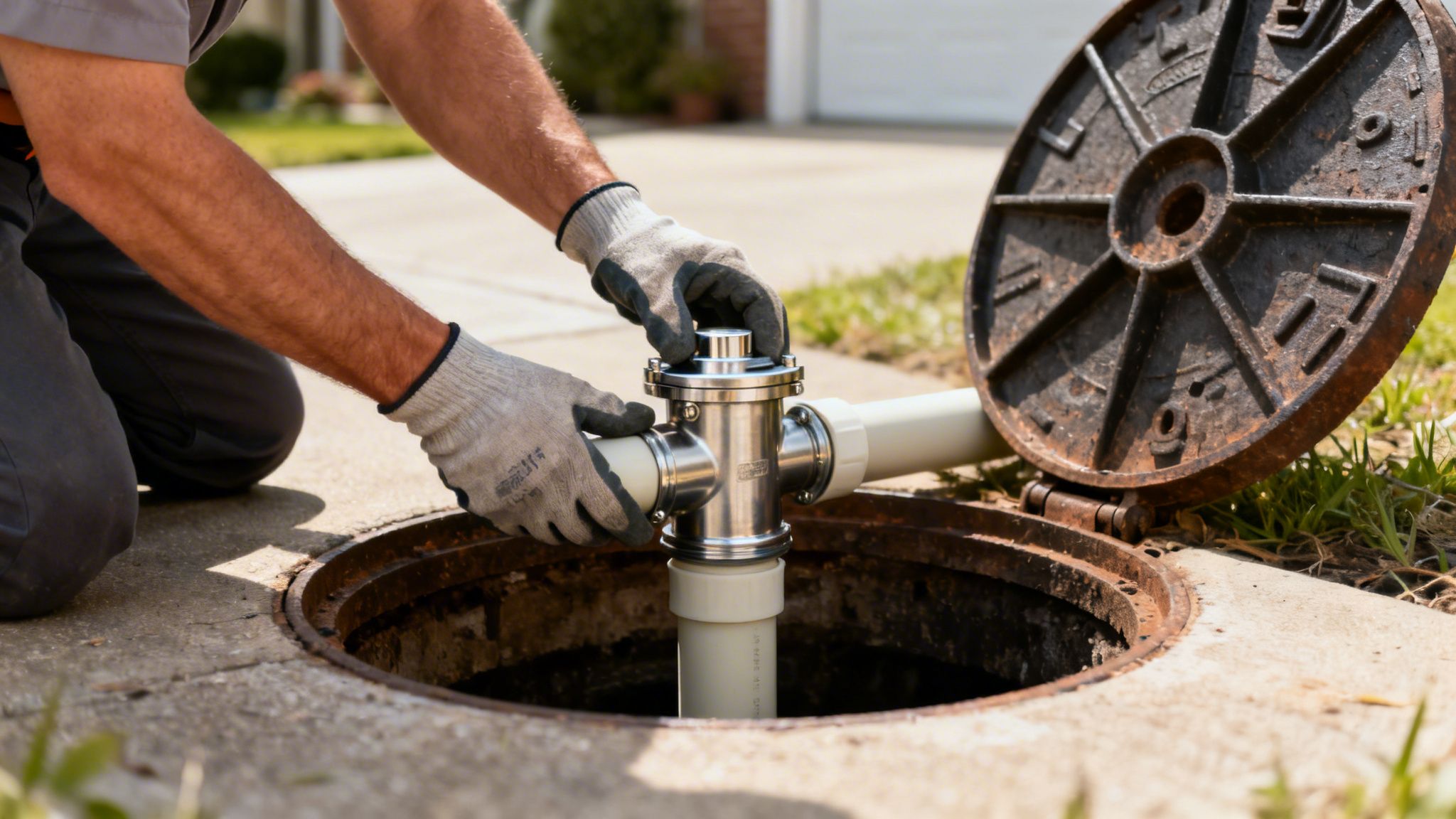 Nærbillede af en person, der monterer en rottespærre i et åbent kloakdæksel, med hænder iført handsker.
