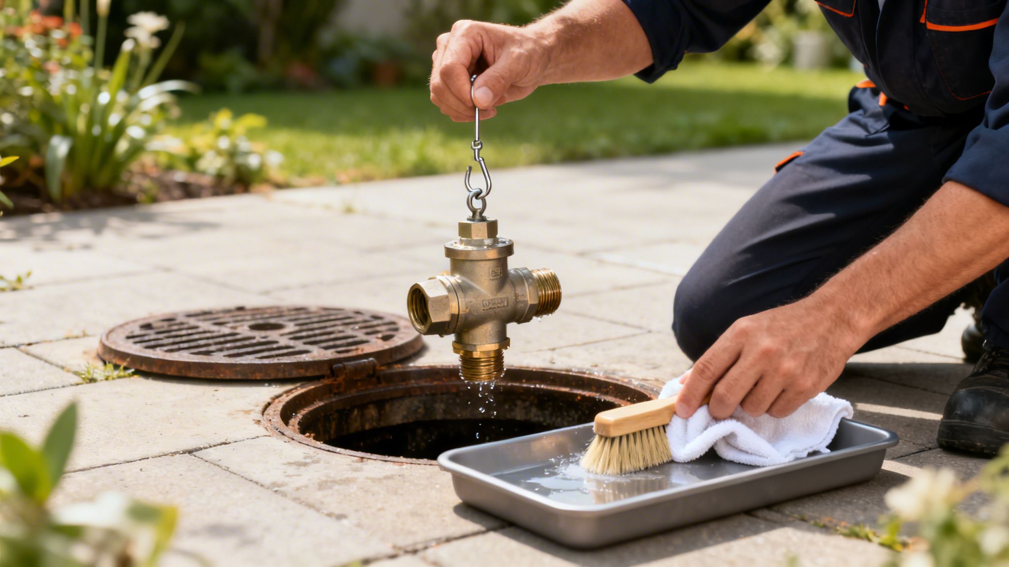 En mand rengør en messingventil med en børste over en åben kloakbrønd udendørs.