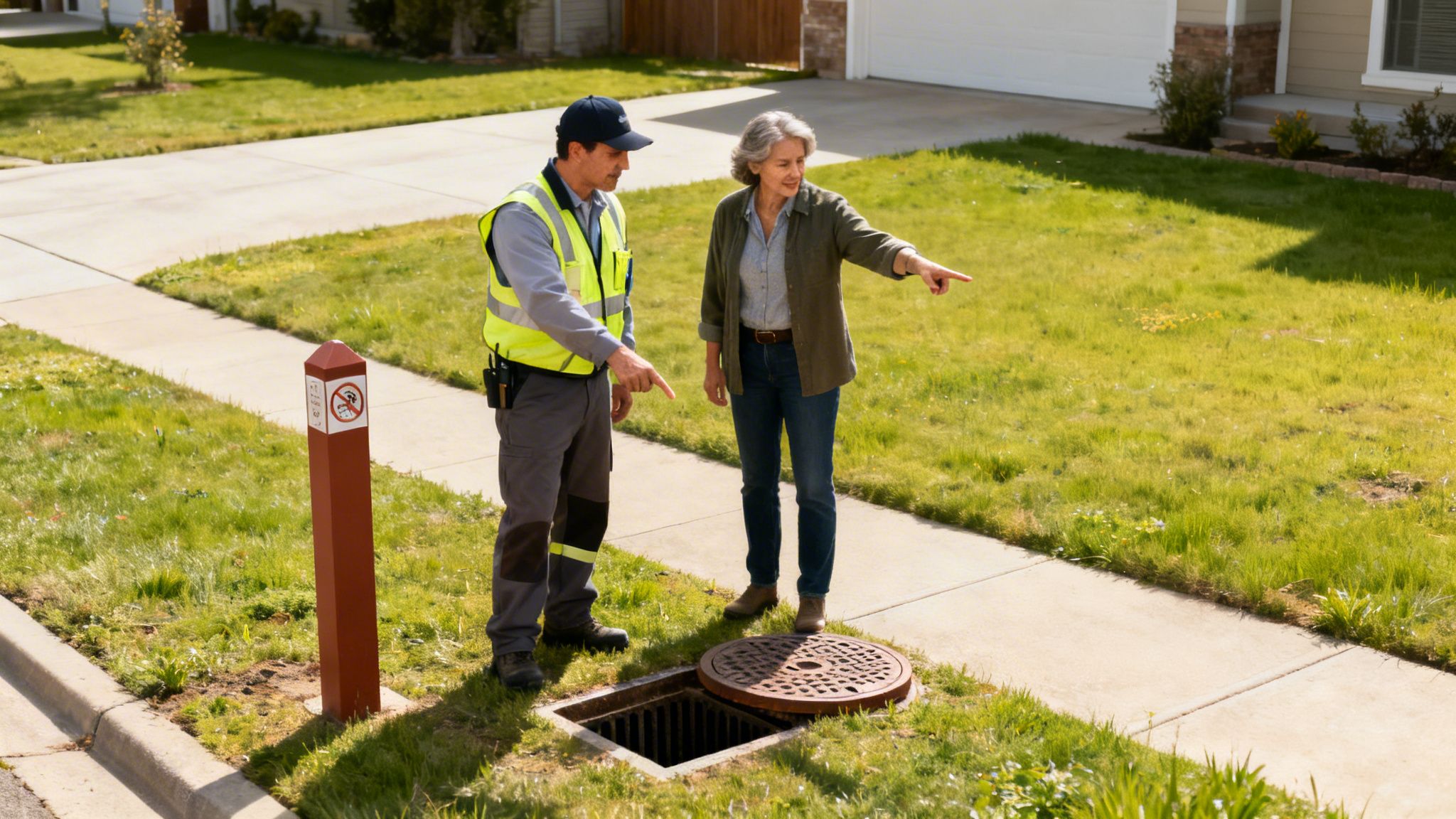 En servicearbejder og en kvinde peger ned i et åbent kloakdæksel på en græsplæne, muligvis vedrørende rottesikring.