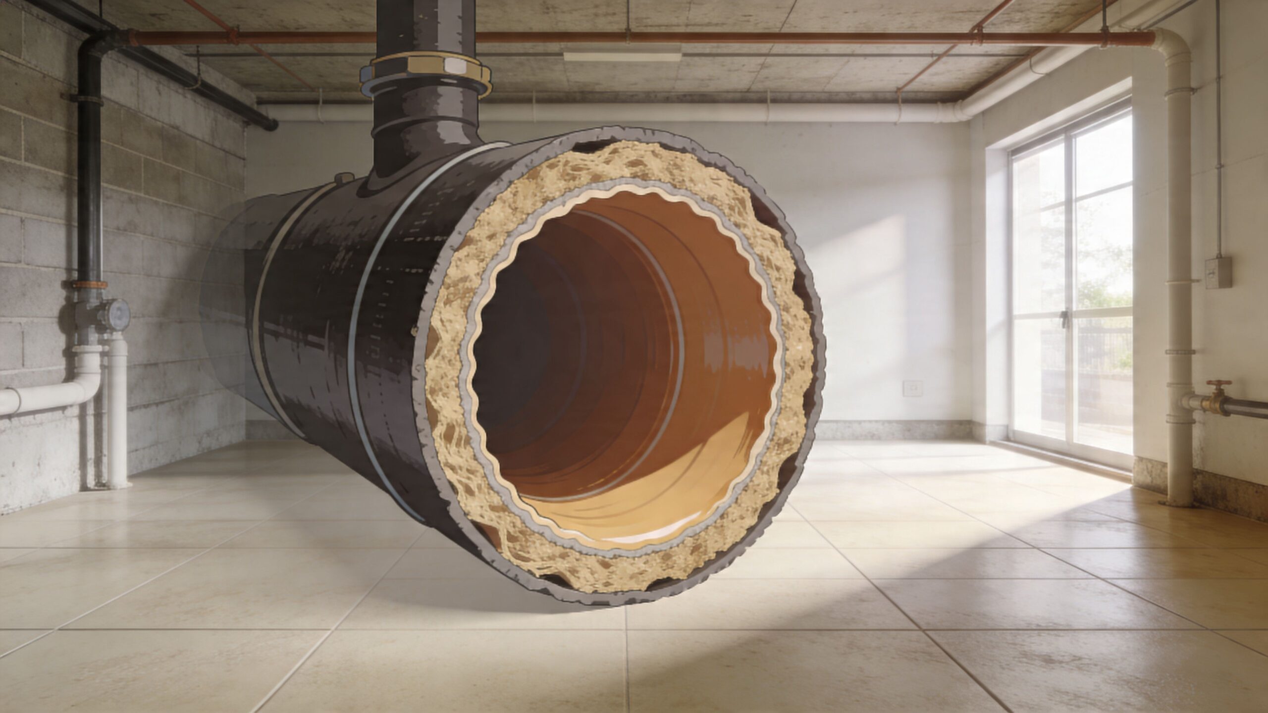 Illustration af en rørstrækning med strømpeforing, der viser materialets holdbarhed og den indvendige forstærkede konstruktion af kloakrøret.