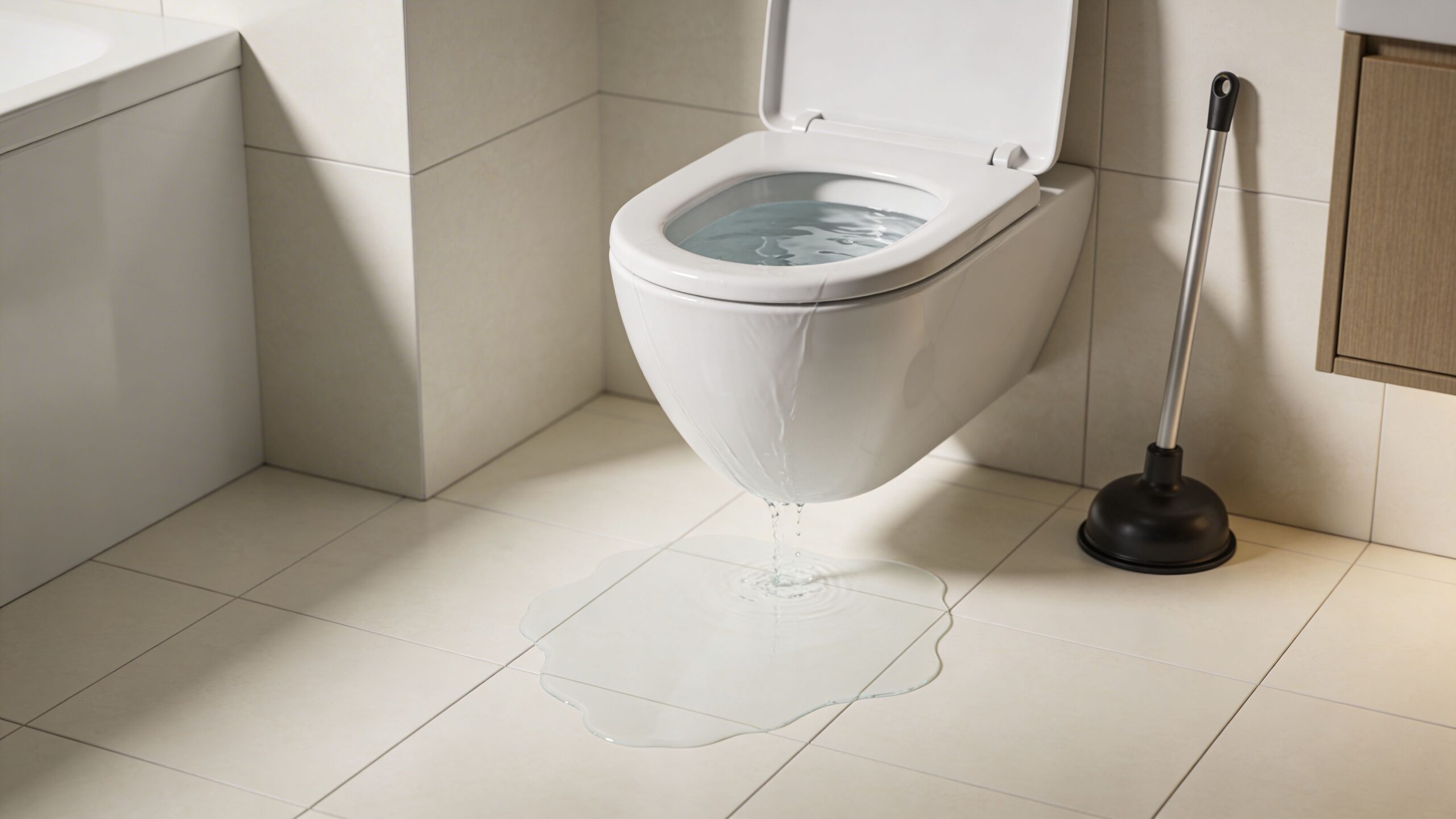 Et vægmonteret toilet lækker vand ud på badeværelsets flisegulv, hvilket indikerer et behov for VVS-reparation.