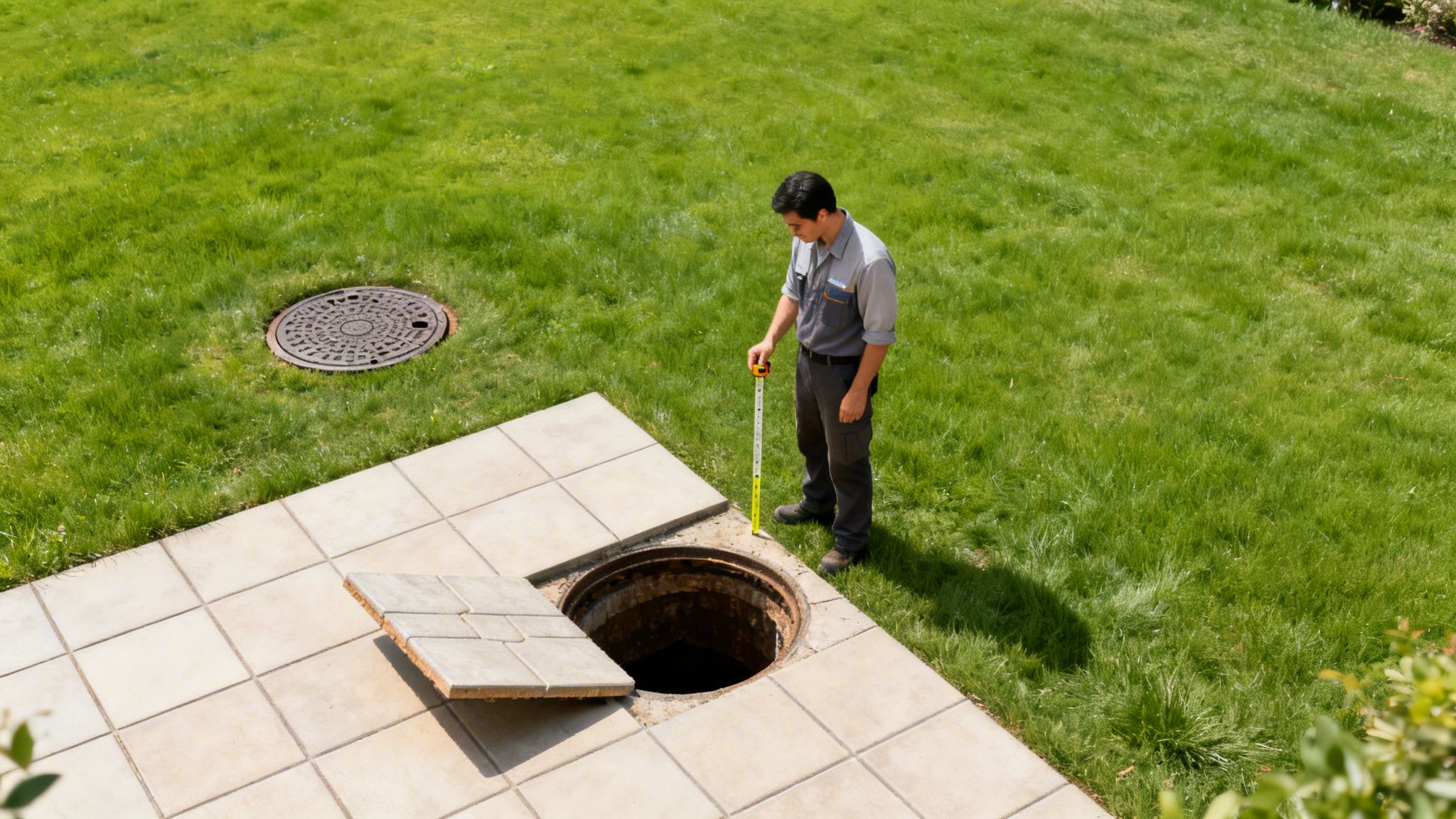 En servicetekniker måler dybden af et åbent adgangspunkt på en fliseterrasse nær en græsplæne.