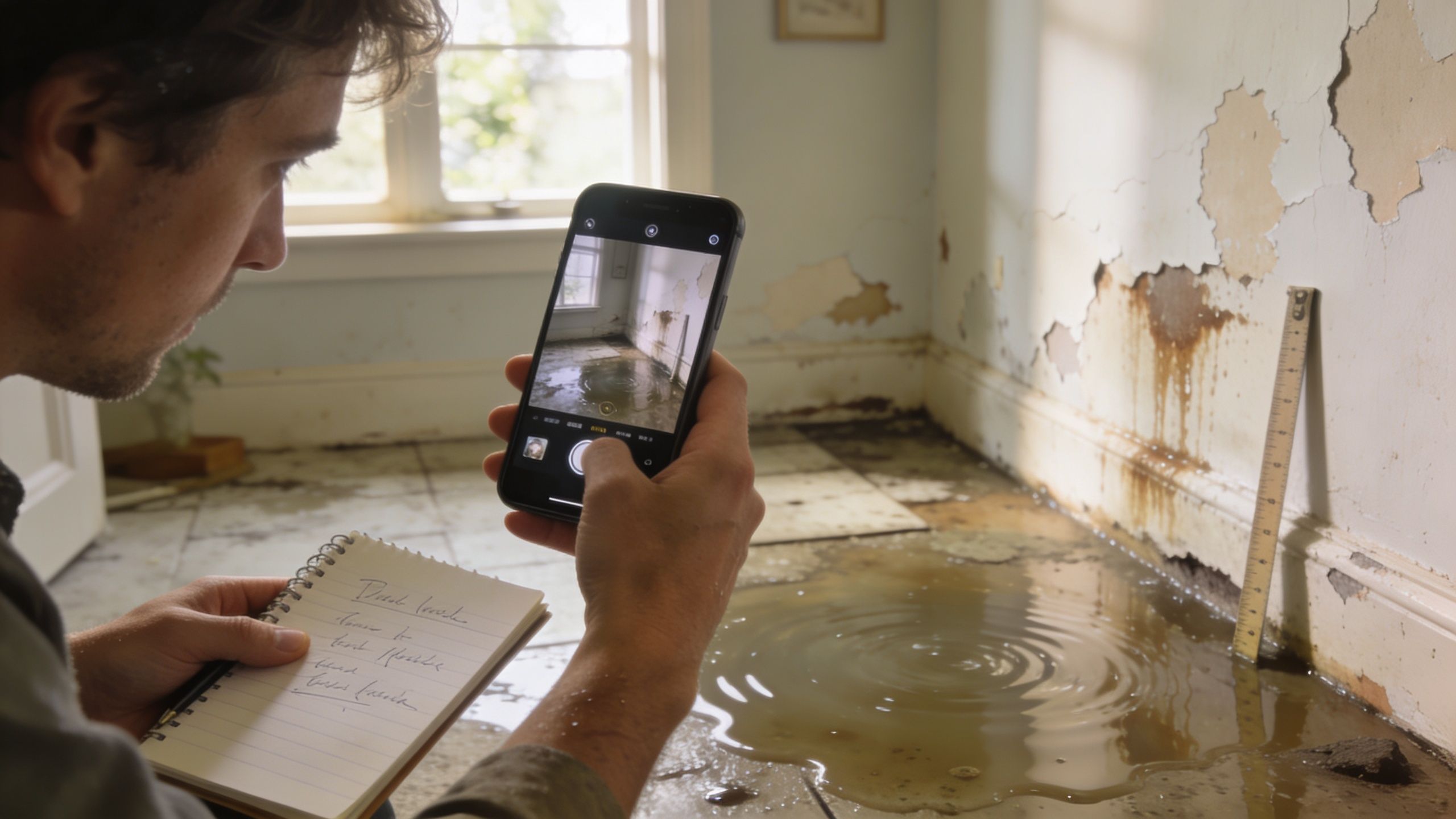 En mand dokumenterer en alvorlig vandskade i sit hjem med sin smartphone og tager noter i blok.