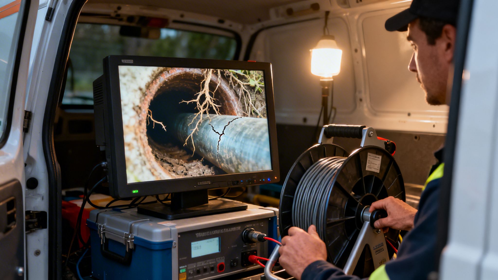 Professionel kloakinspektion med kamera viser revner og trærødder i et rør.