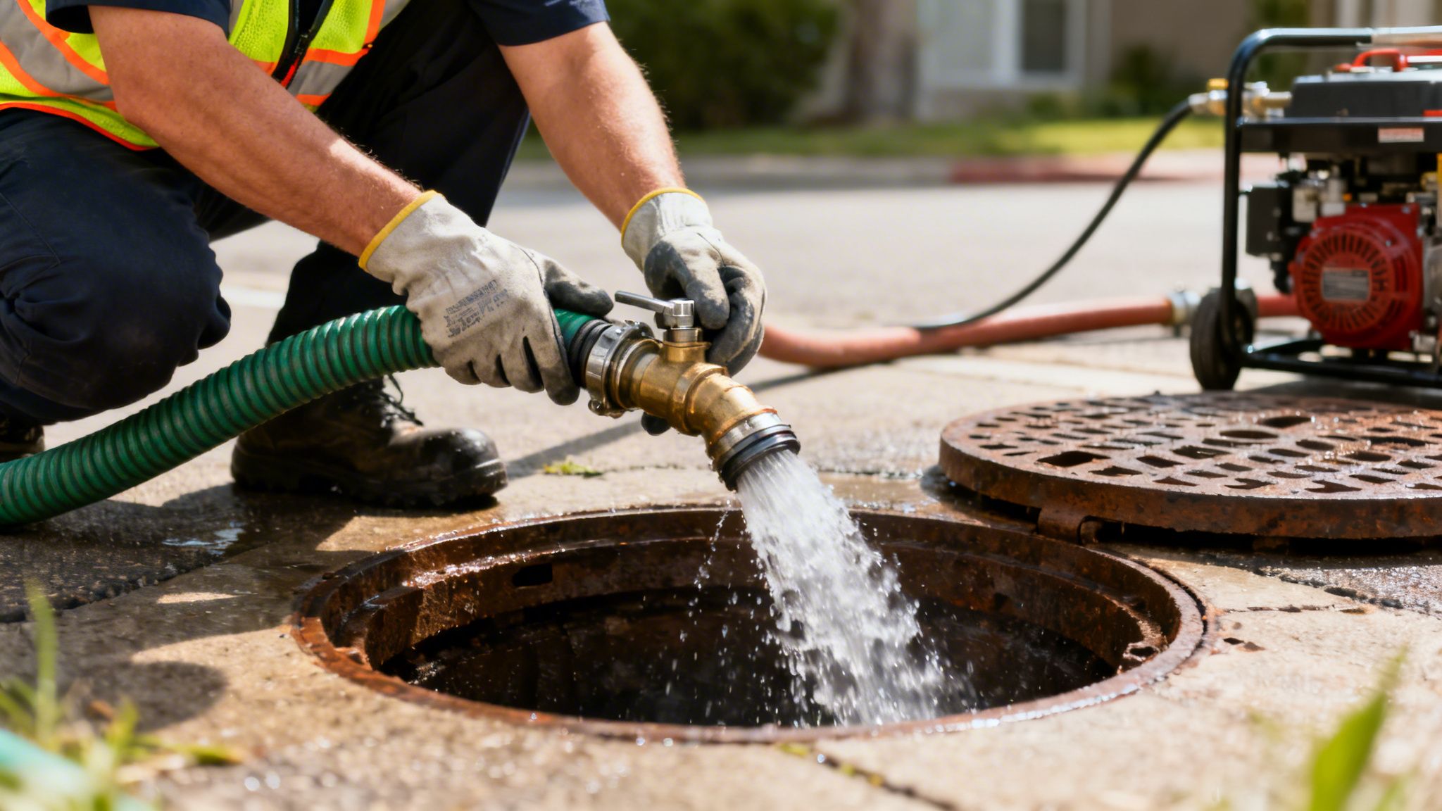 En person i arbejdstøj og handsker leder vand fra en slange ned i et åbent kloakdæksel på gaden.