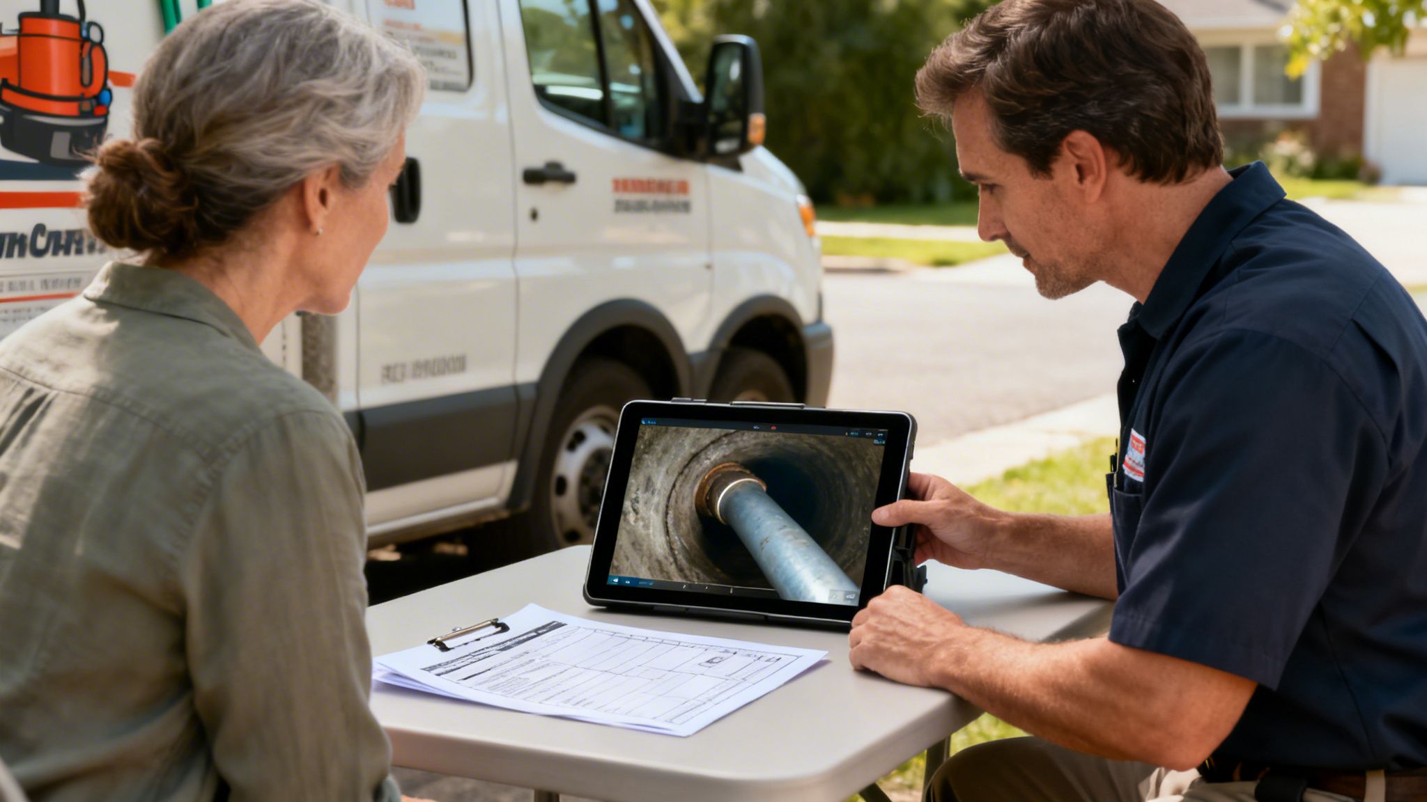 En kloakservice tekniker viser en kvindelig kunde en video af en kloakinspektion på en tablet udenfor.