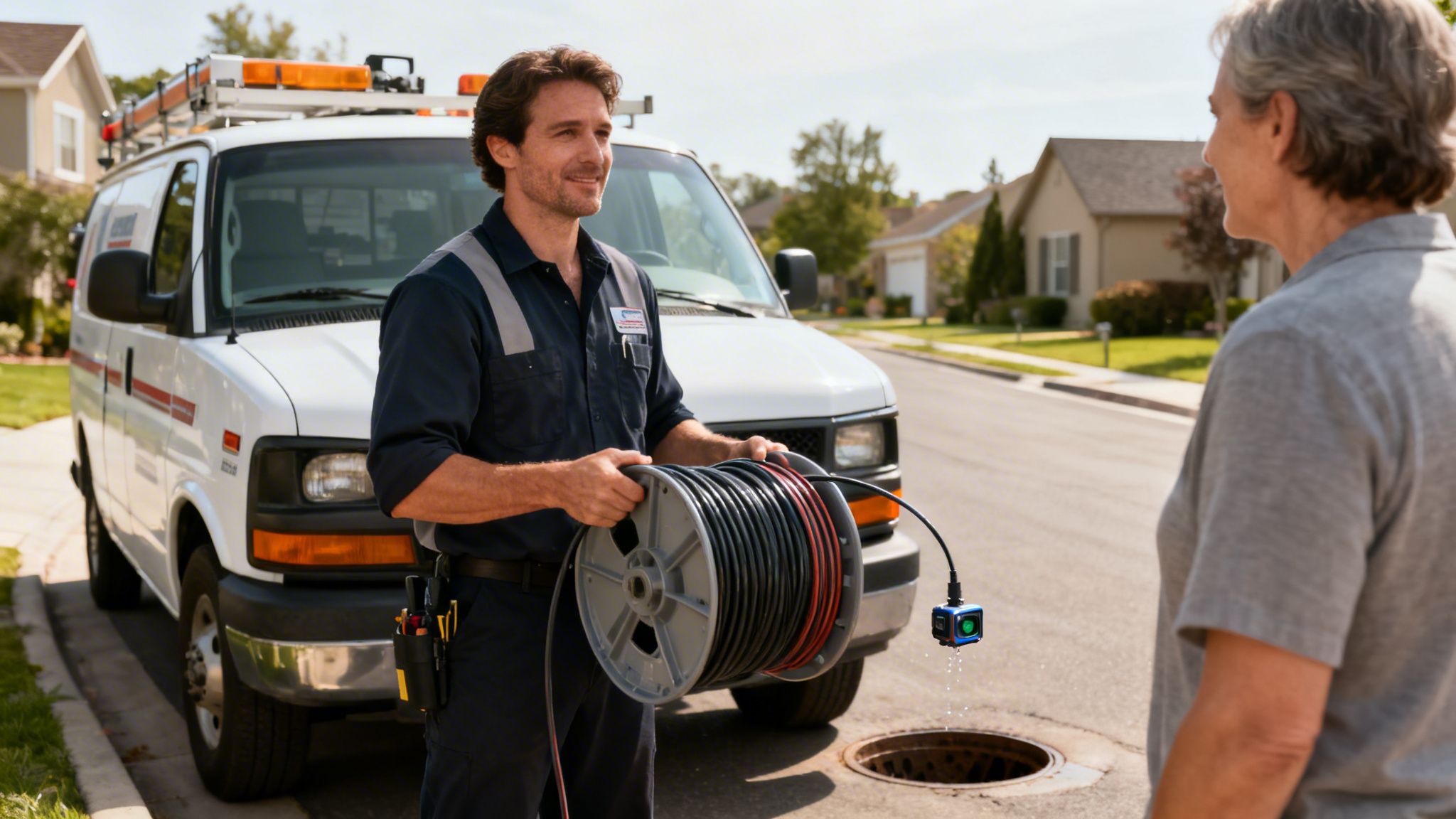 Servicetekniker med kloakkamera taler med kunde ved åbent kloakdæksel og varevogn.