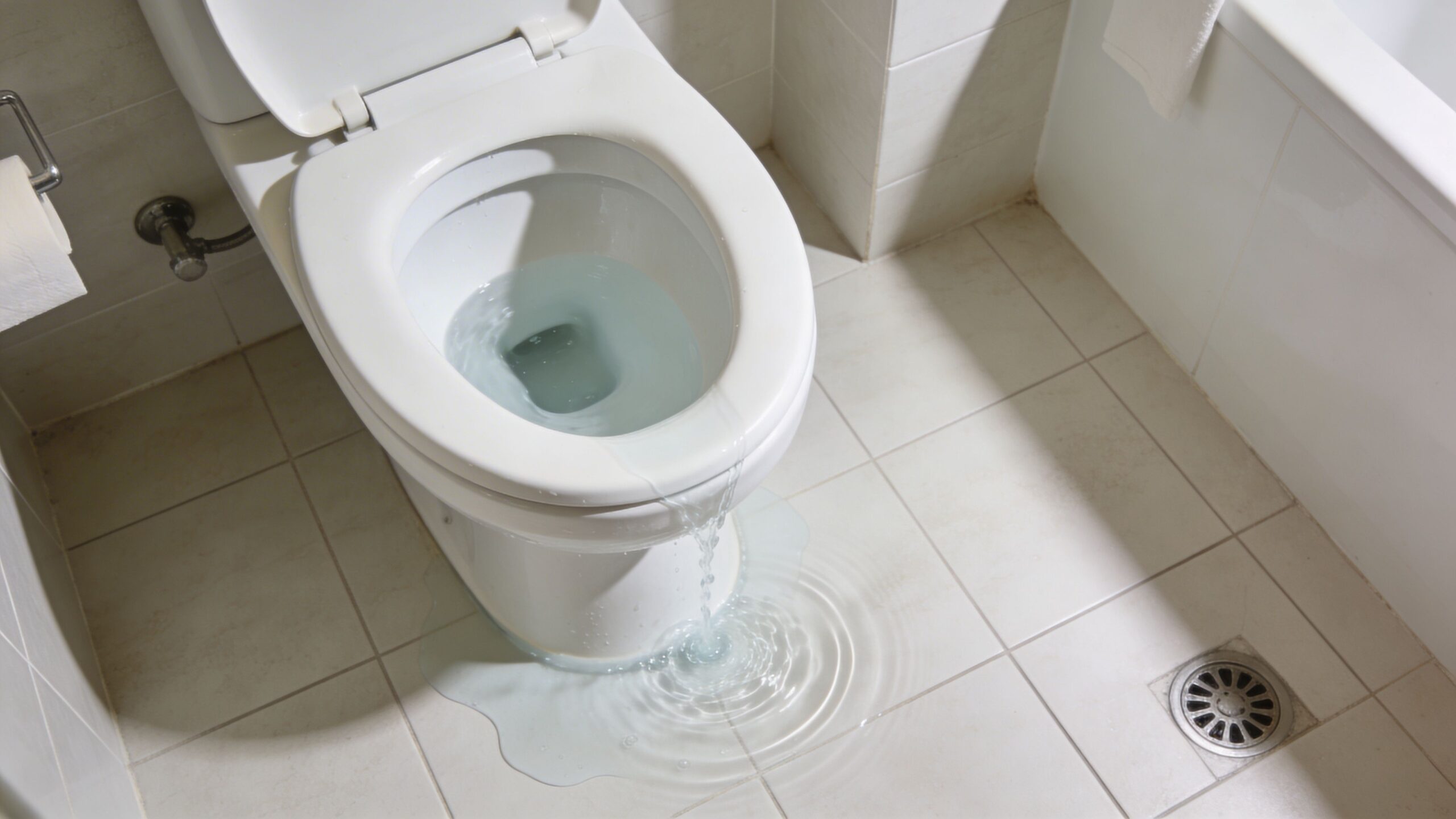 Et toilet der løber over med vand, hvilket forårsager en oversvømmelse på badeværelsets flisegulv i hjemmet.