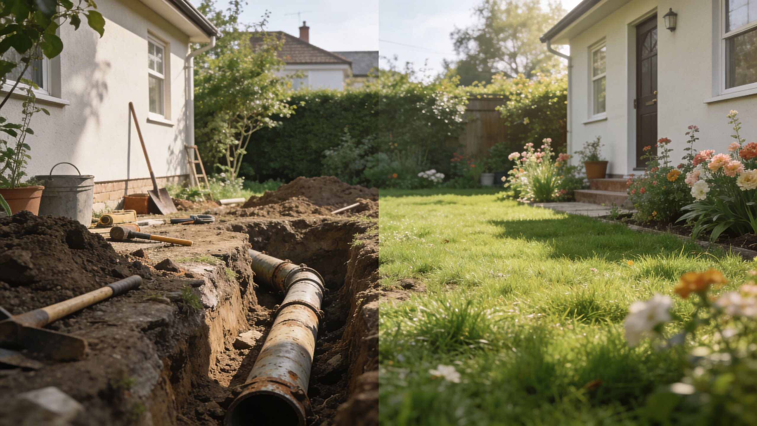 Før og efter billede af en have med renovering af kloaksystemet ved hjælp af strømpeforingsteknologi i Danmark