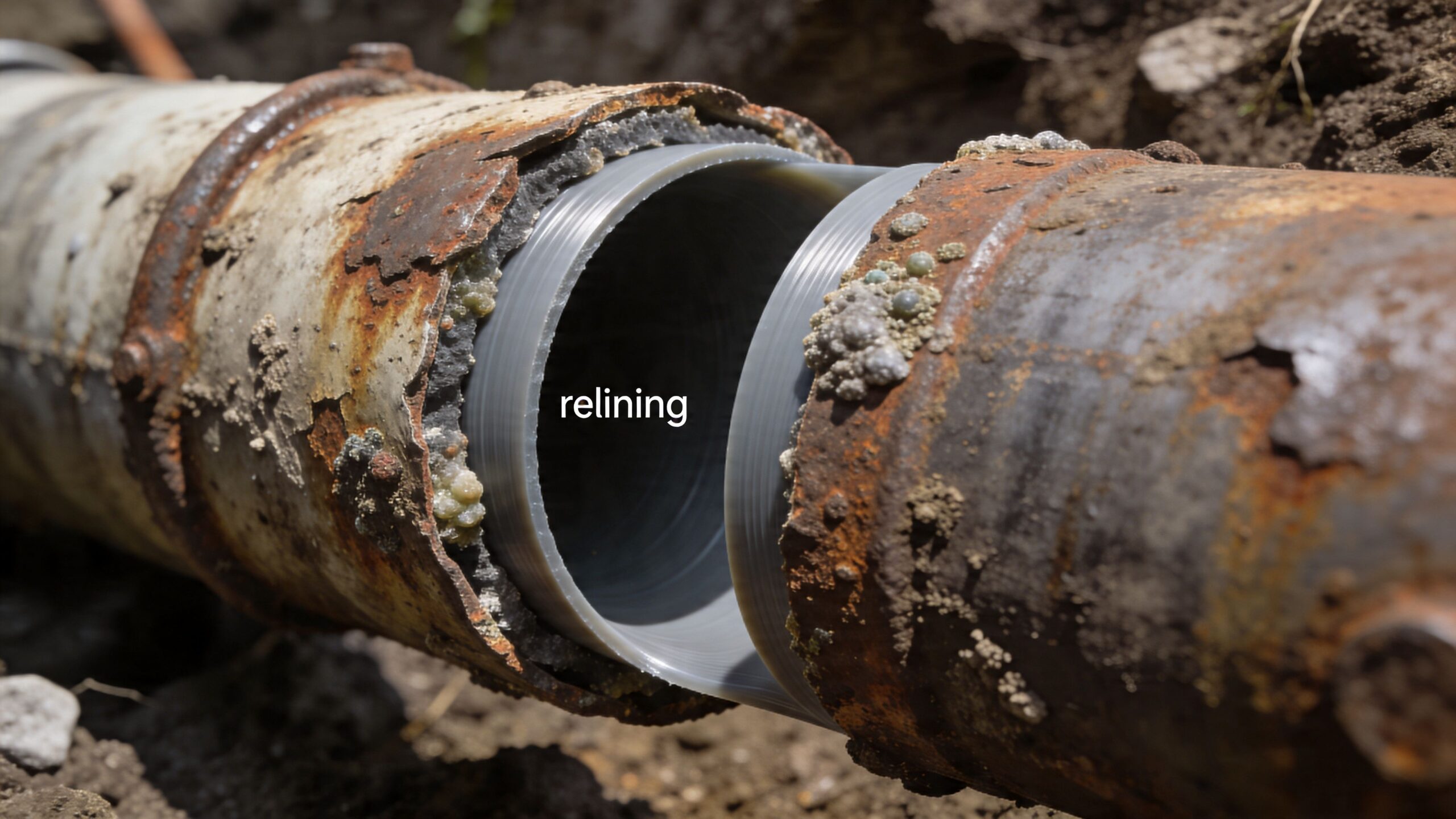 Et rustent metalrør der får installeret en moderne grå strømpeforing til reparation af kloakken i jorden.