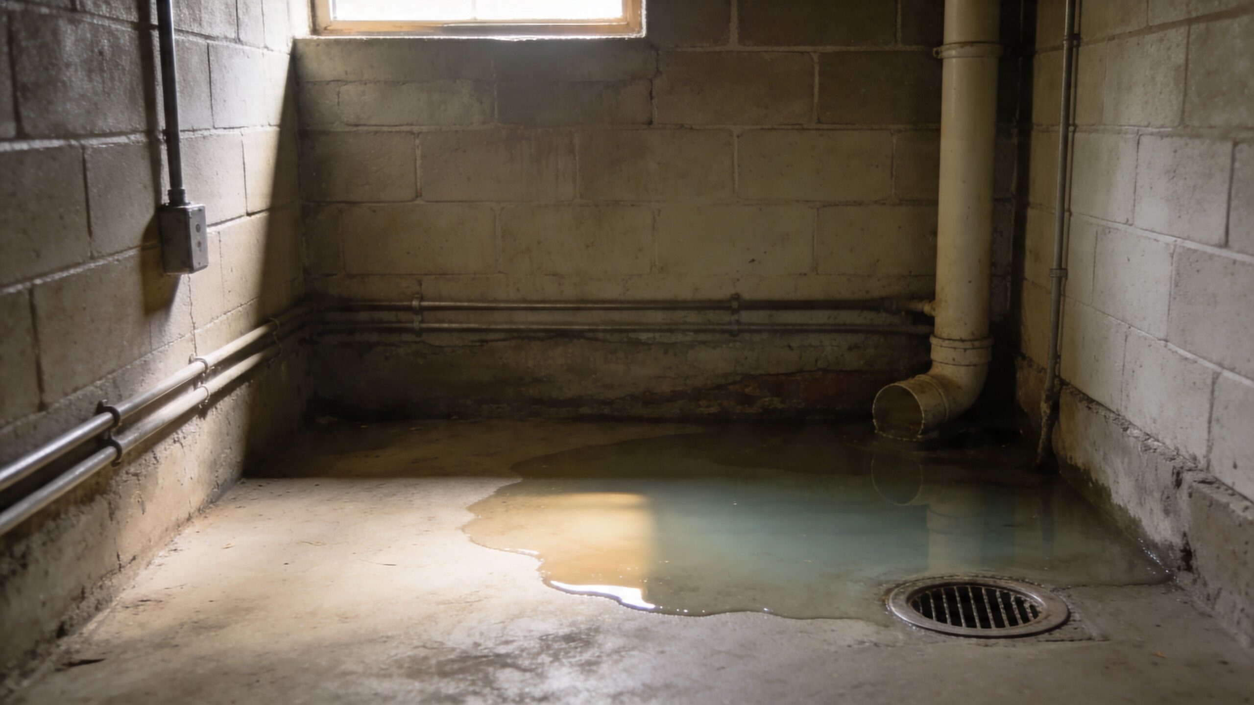 Et oversvømmet kældergulv med en utæt kloakrørssamling, der kræver professionel inspektion og reparation for at undgå vandskader.