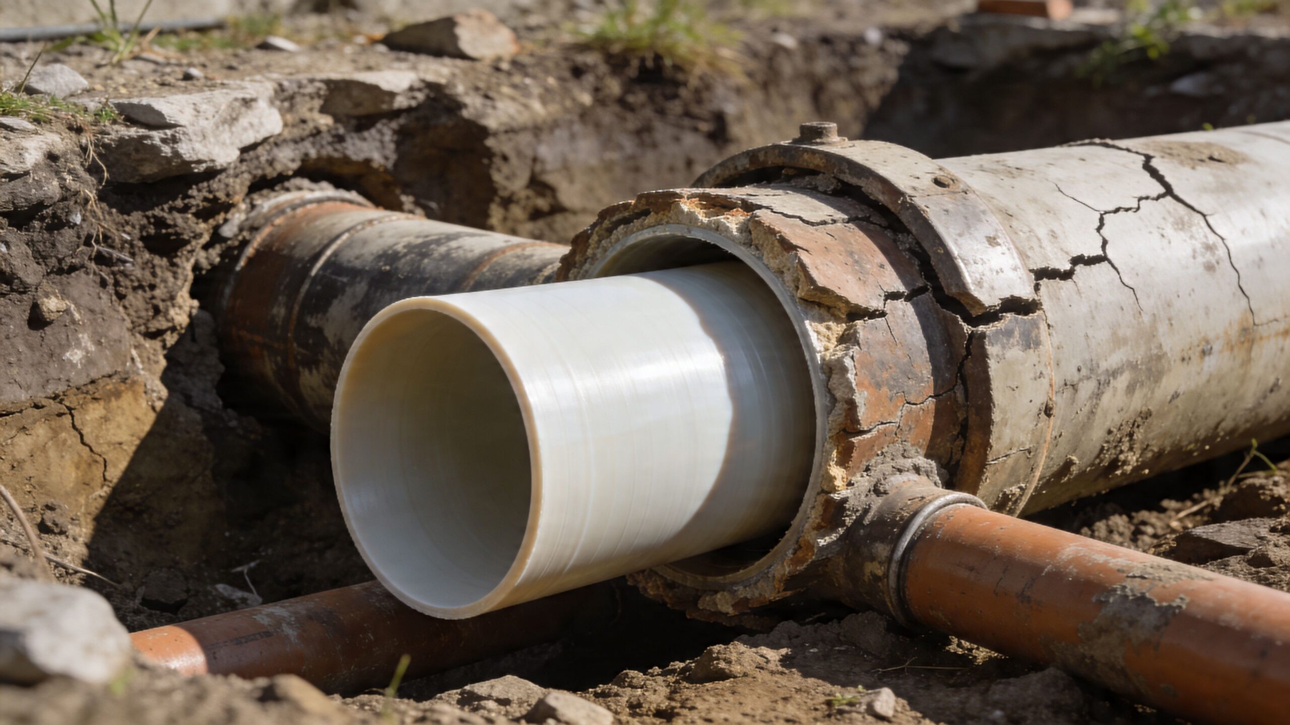 Et tæt billede af et kloakrør under reparation ved brug af strømpeforing i en åben udgravning.
