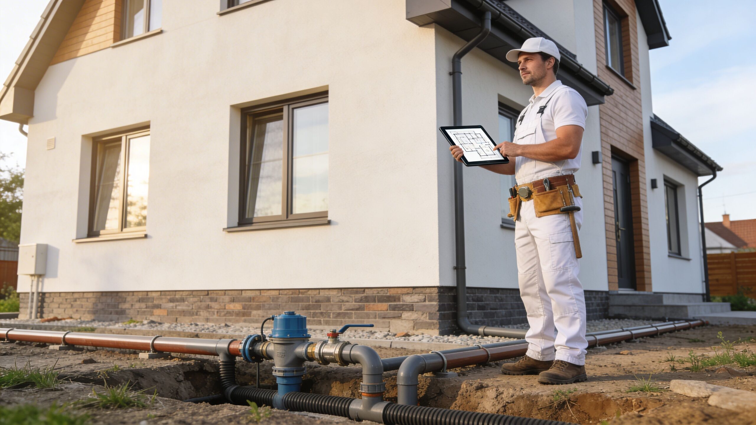 En professionel blikkenslager inspicerer kloakledninger og plantegninger foran et nybygget hus i et solskinsvejr.