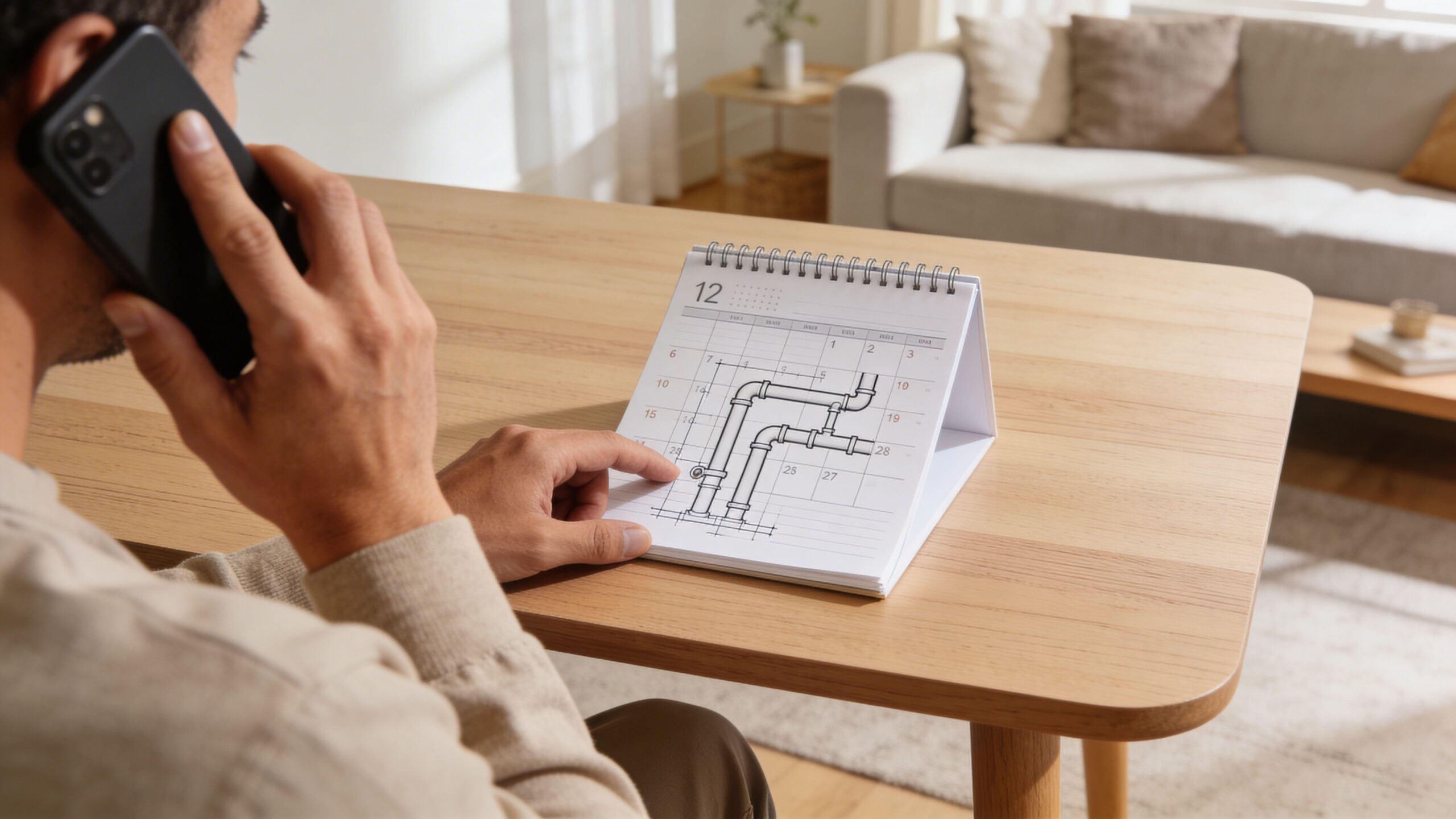 En mand taler i telefon, mens han kigger på en kalender med tegninger af kloakrør til renovering.