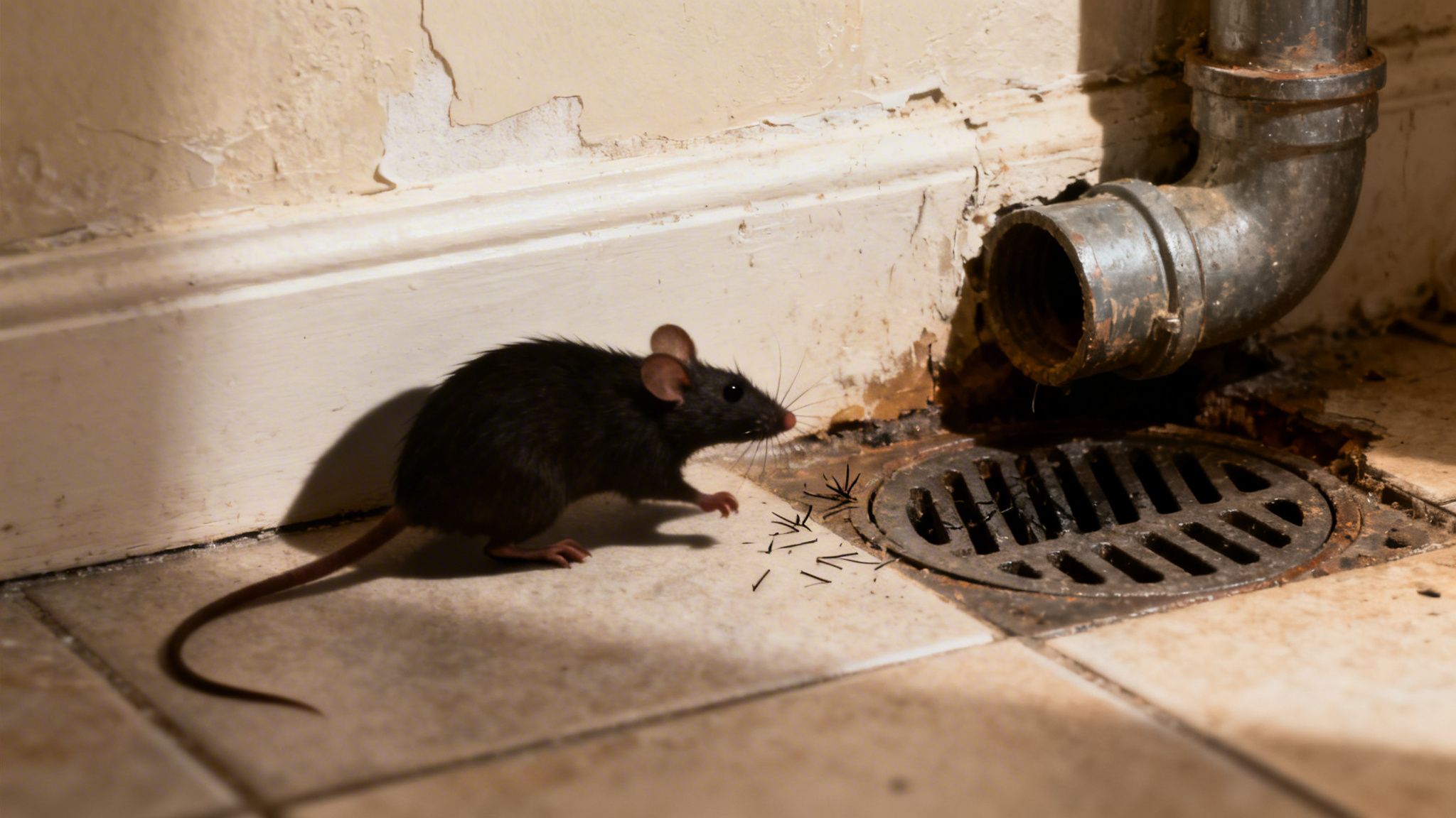 En sort rotte sidder på et flisegulv nær et åbent kloakafløb og et metalrør i et rum.