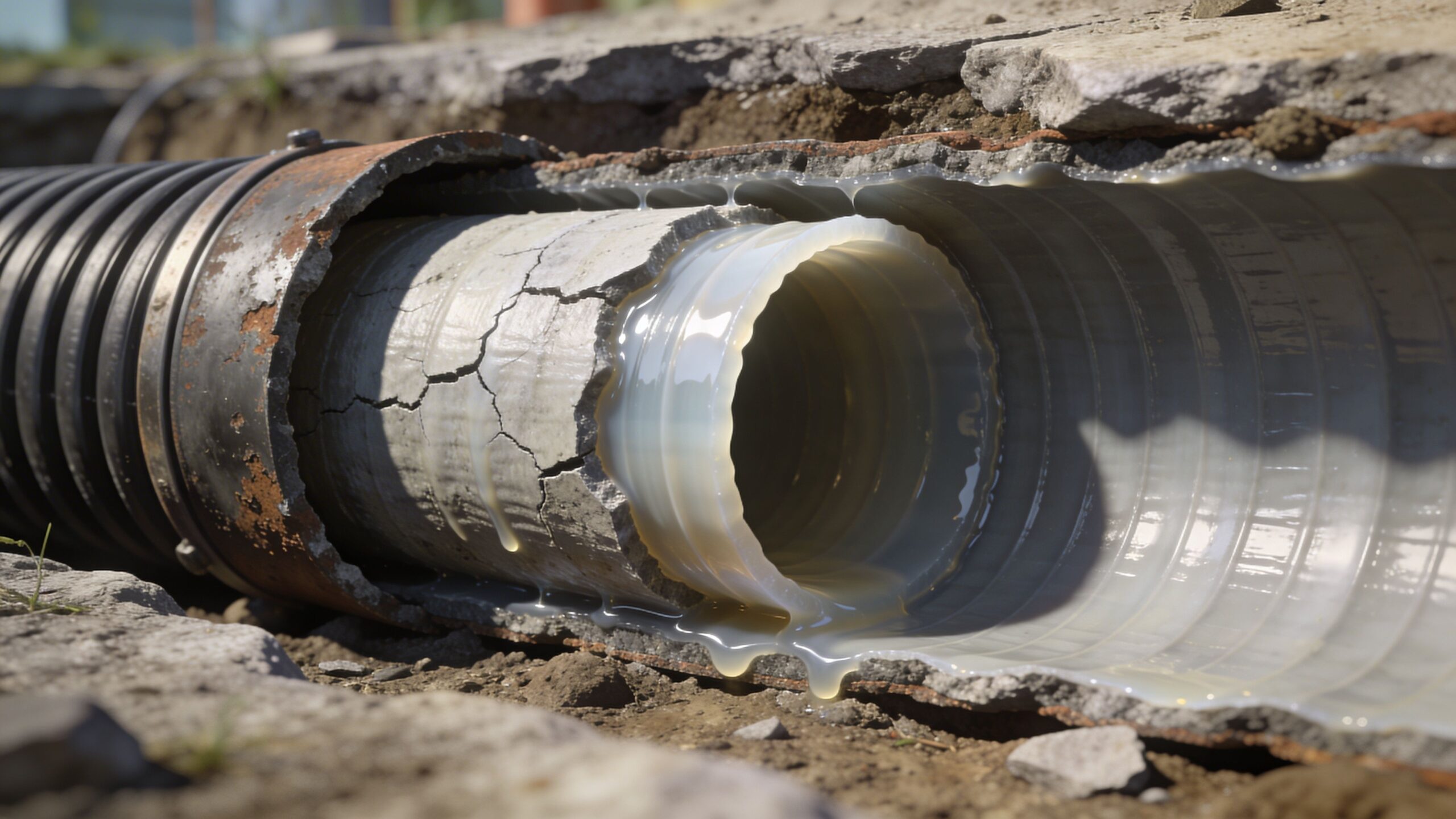 En nærvisning af en kloakledning under reparation, hvor foring indsættes uden at grave hele jorden op.