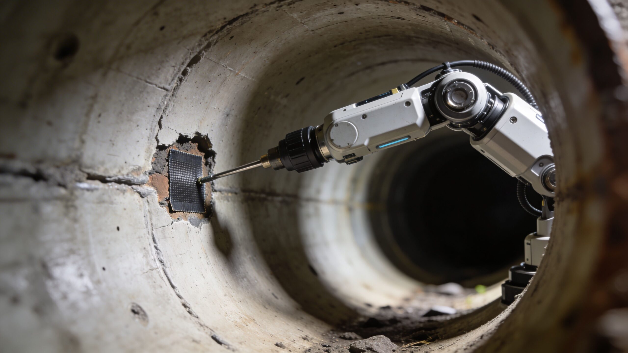 En robotarm udfører reparation af en revnet kloak ved hjælp af avanceret teknologi uden behov for opgravning.