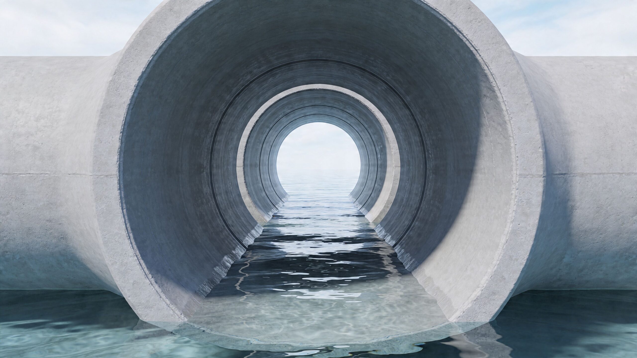 Et stort betonrør der fører vand, hvilket illustrerer processen ved en effektiv og holdbar strømpeforing af kloakker.