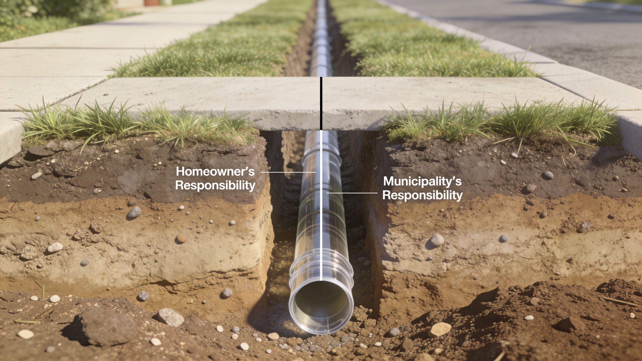Illustration der viser grænsen for vedligeholdelsesansvar mellem husejer og kommune for underjordiske kloakledninger ved fortov.