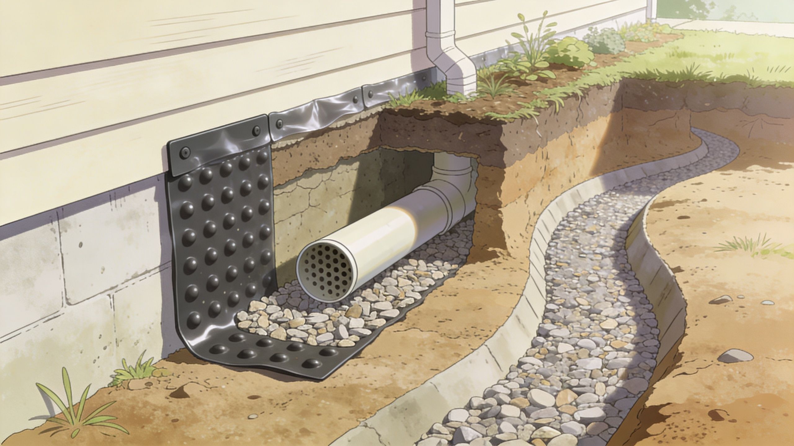 Illustration der viser installation af et omfangsdræn og fugtspærre langs fundamentet på et hus med nedløbsrør.