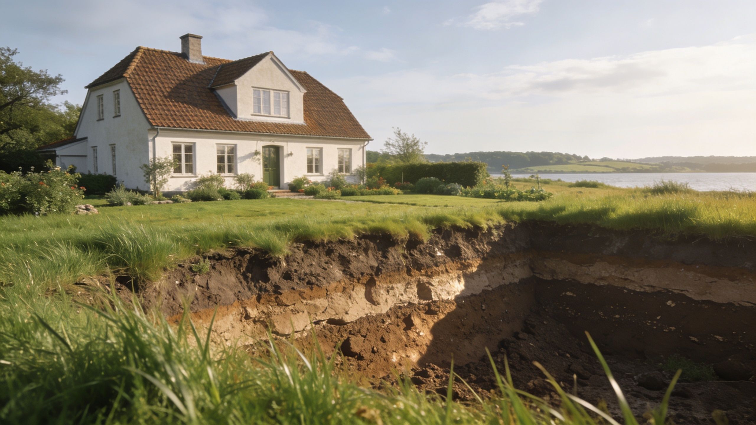 Et idyllisk hus ved vandet med en stor udgravning i haven, der viser jordlagsprofiler i undergrunden.