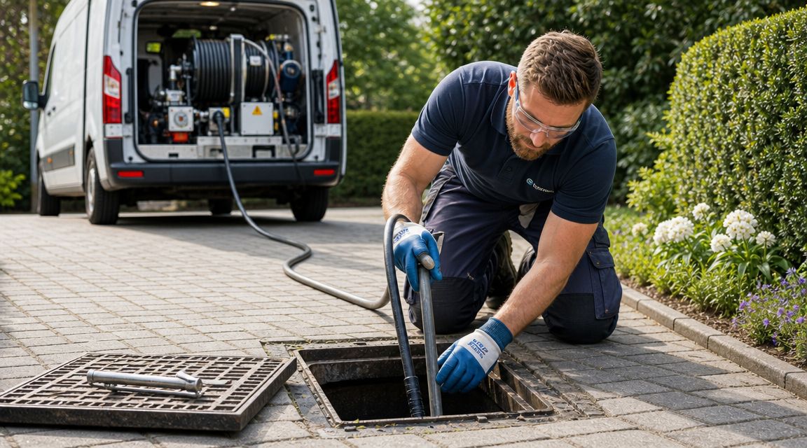 En professionel blikkenslager renser en nedløbsbrønd med sandfang ved hjælp af specialudstyr fra en varevogn.