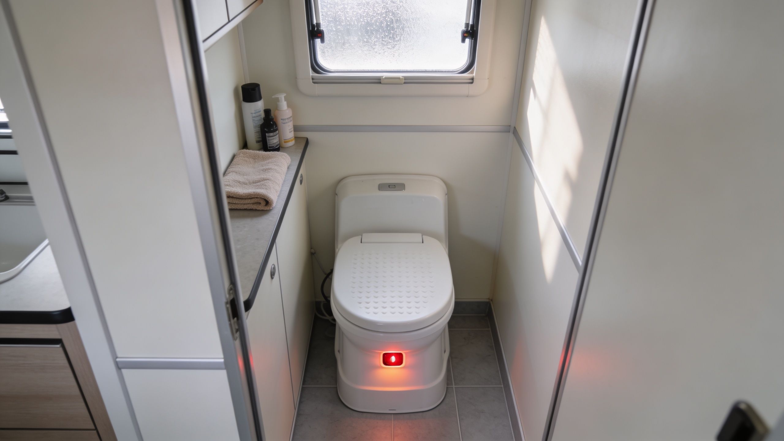 Et moderne campingtoilet med en lysende rød indikator i et lille, lyst badeværelse i en autocamper.