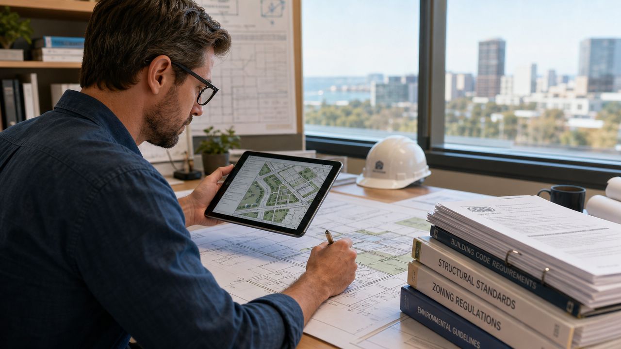 En arkitekt arbejder på et byplanlægningsprojekt med en tablet og tegninger ved et skrivebord med udsigt over byen.