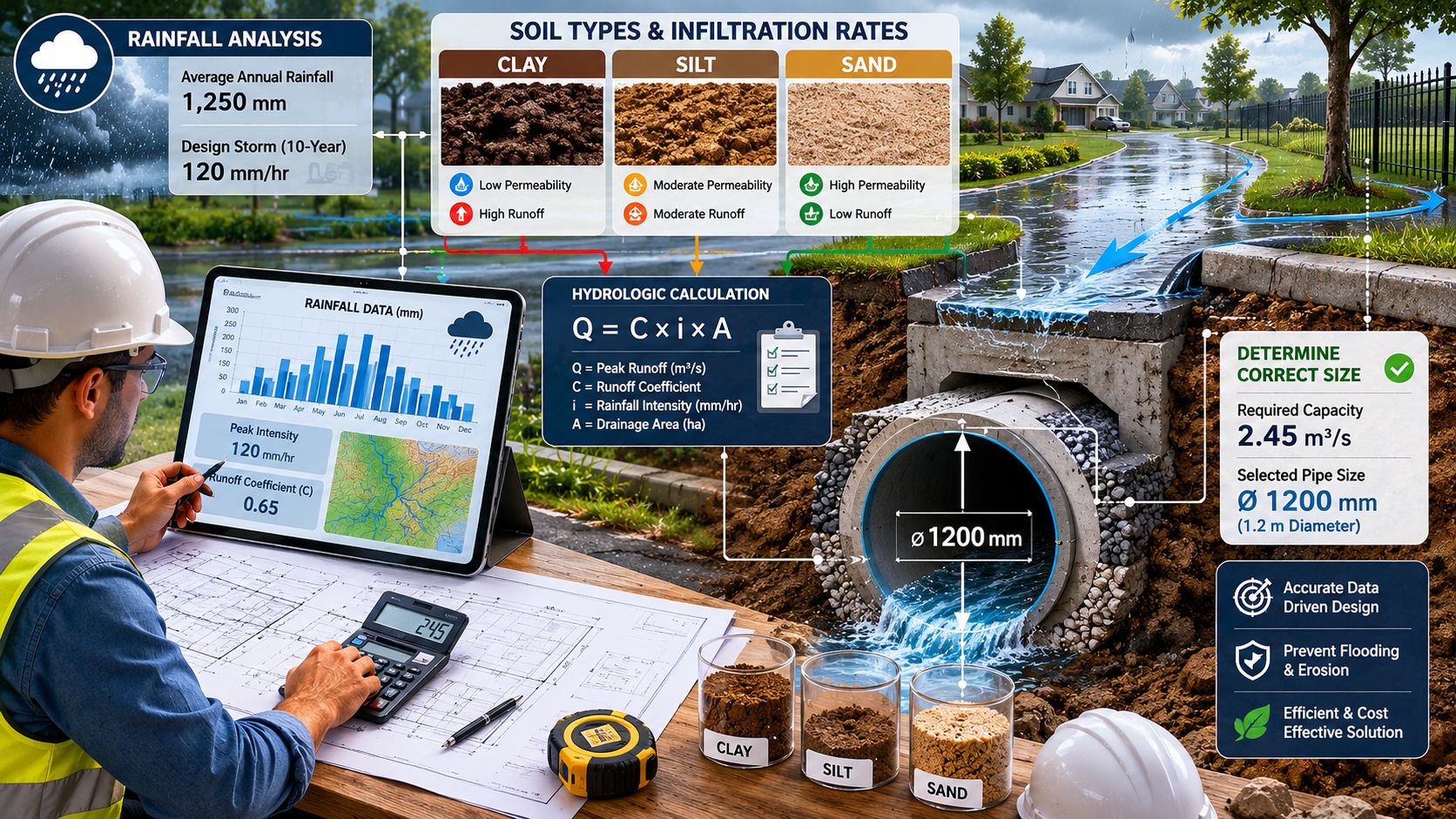 Ingeniør analyserer hydrologiske data på en tablet for at planlægge korrekt dimensionering af et drænrør.