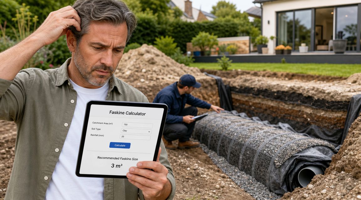 Mand kigger eftertænksomt på en tablet med en faskine-beregner ved en igangværende byggeplads med regnvandshåndtering.
