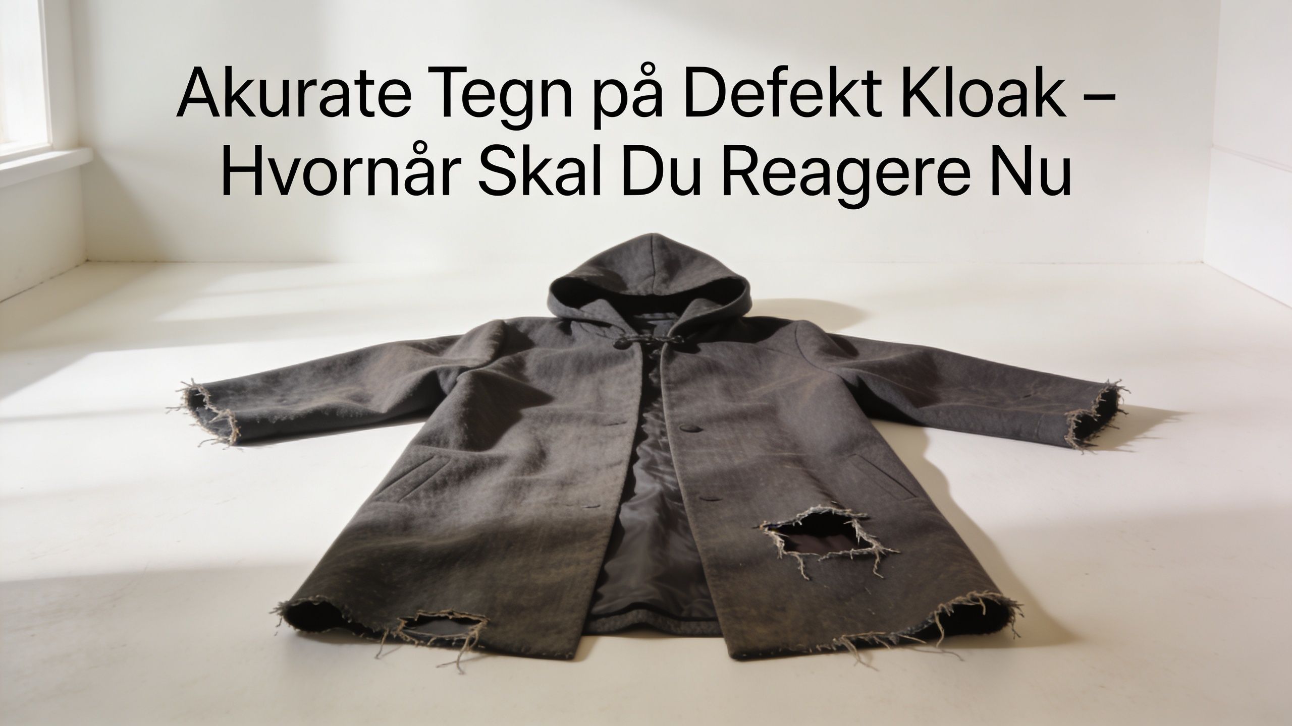 En grå, slidt og ødelagt frakke ligger på et hvidt gulv som symbol på defekte kloakrør.